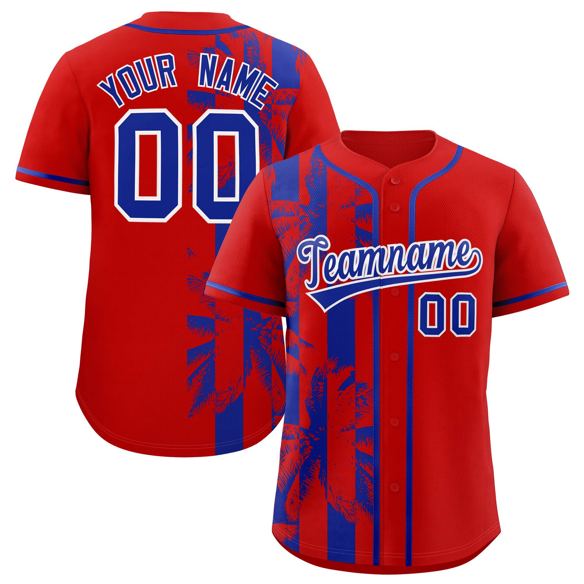 Custom Red Royal Split Fashion Coconut Tree Design Authentic Baseball Jersey| KXKSHOP