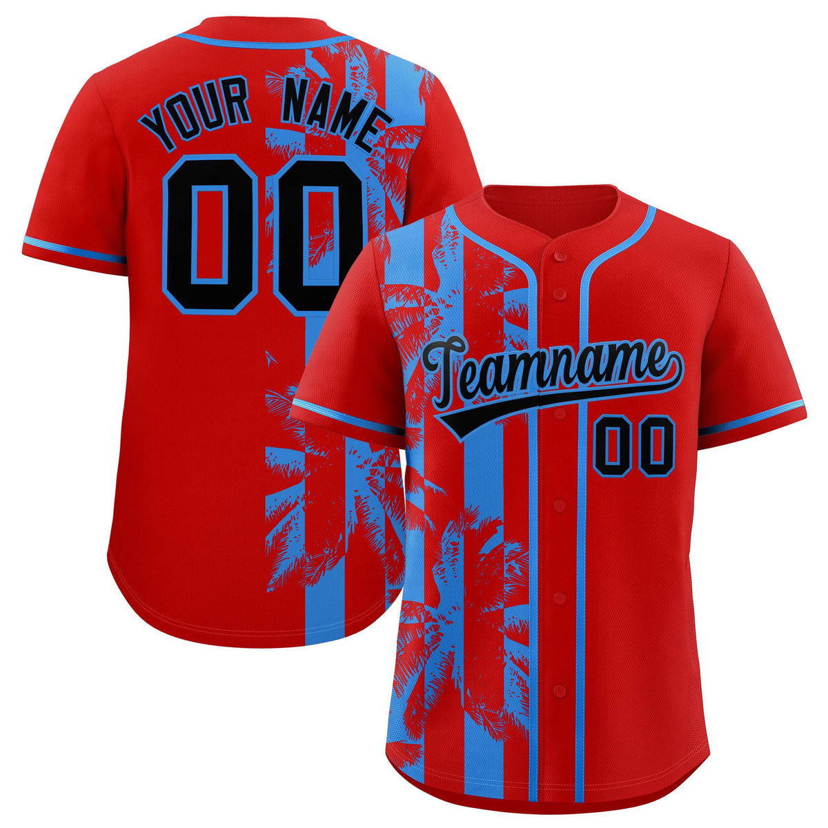 Custom Red Powder Blue Split Fashion Coconut Tree Design Authentic Baseball Jersey| KXKSHOP