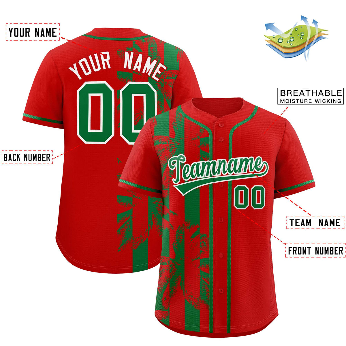 Custom Red Kelly Green Split Fashion Coconut Tree Design Authentic Baseball Jersey| KXKSHOP