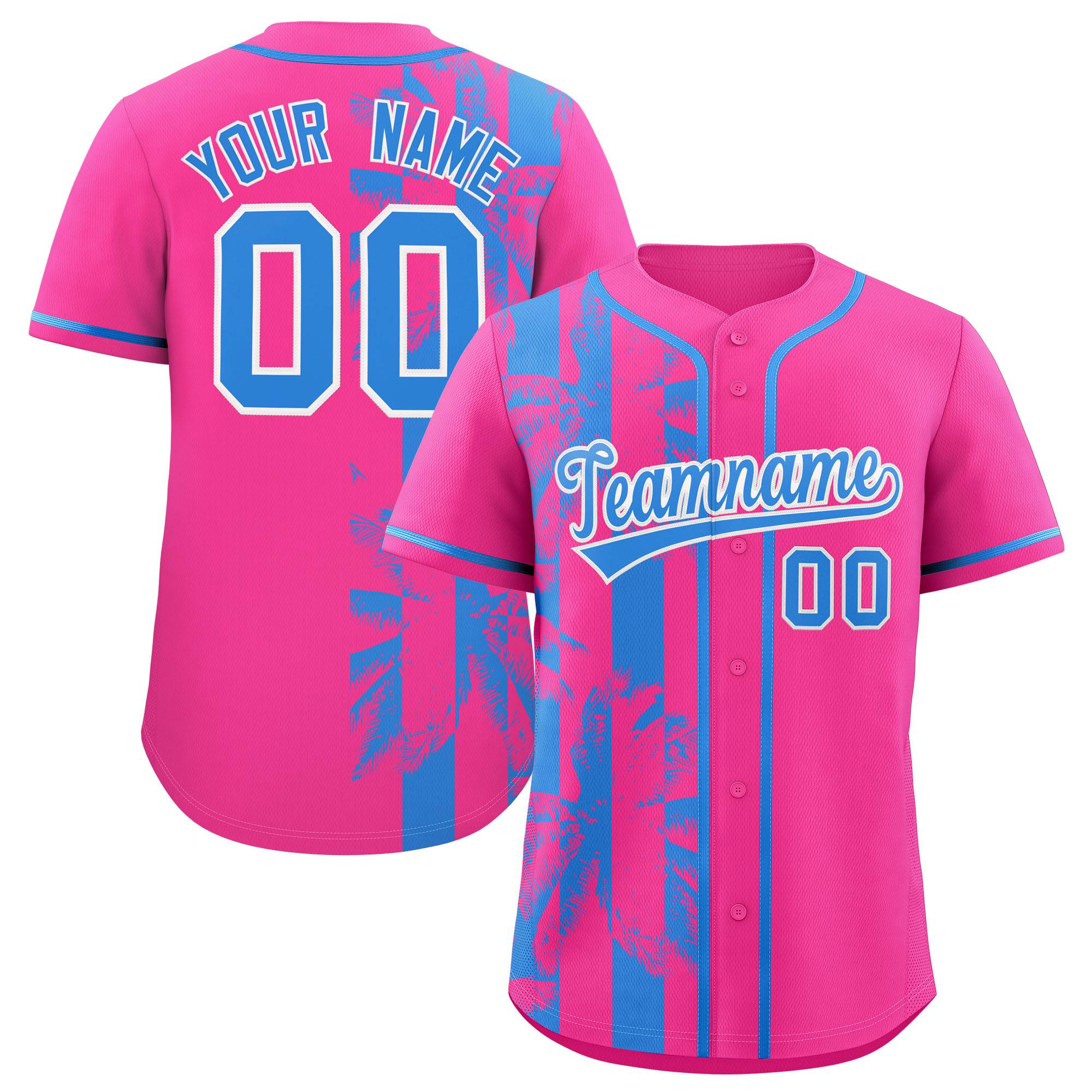 Custom Pink Powder Blue Split Fashion Coconut Tree Design Authentic Baseball Jersey| KXKSHOP