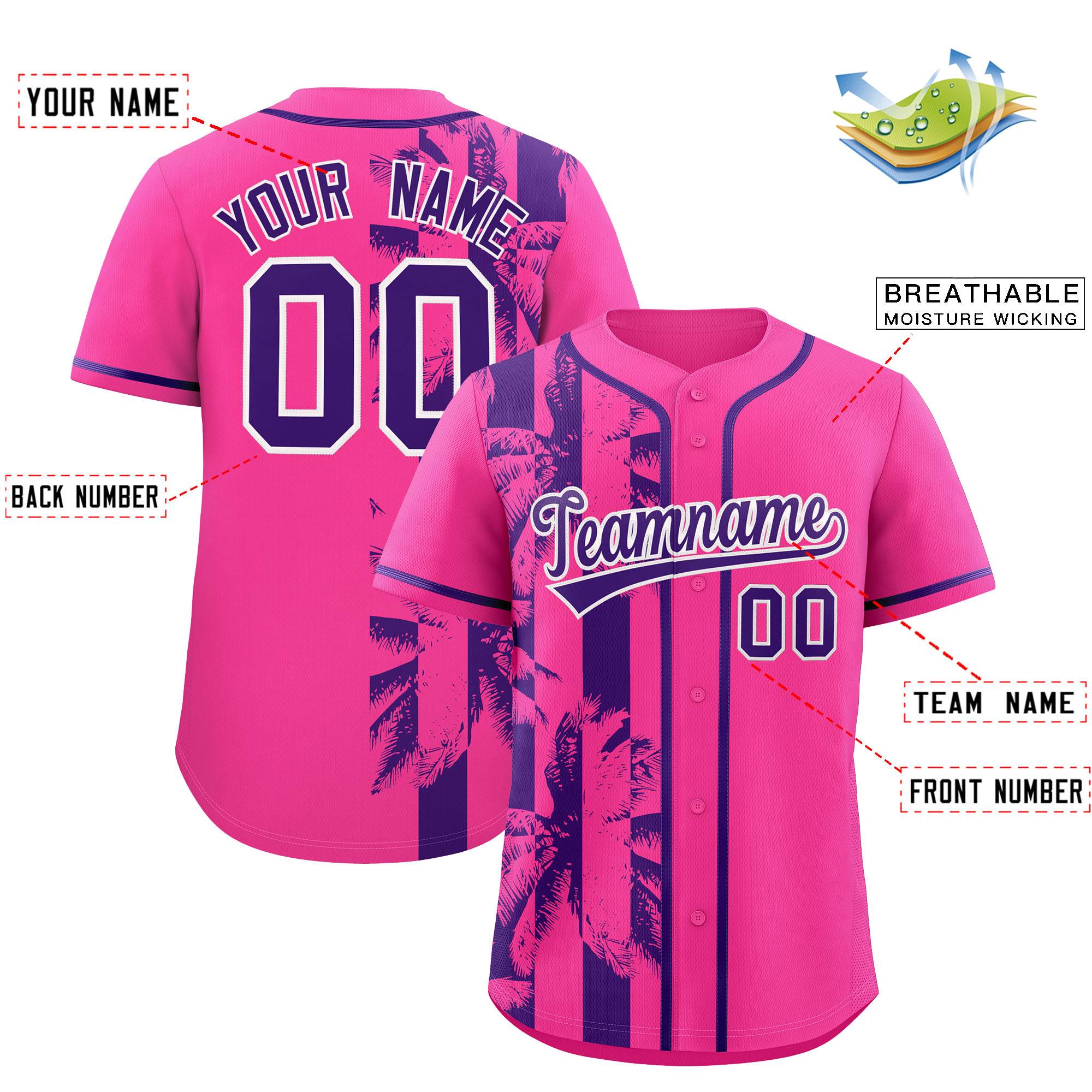 Custom Pink Purple Split Fashion Coconut Tree Design Authentic Baseball Jersey| KXKSHOP