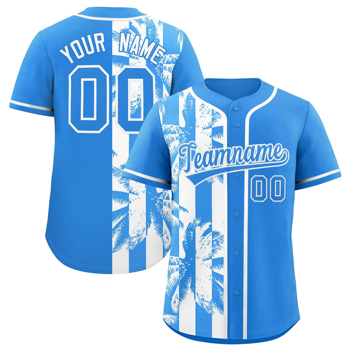 Custom Powder Blue White Split Fashion Coconut Tree Design Authentic Baseball Jersey| KXKSHOP