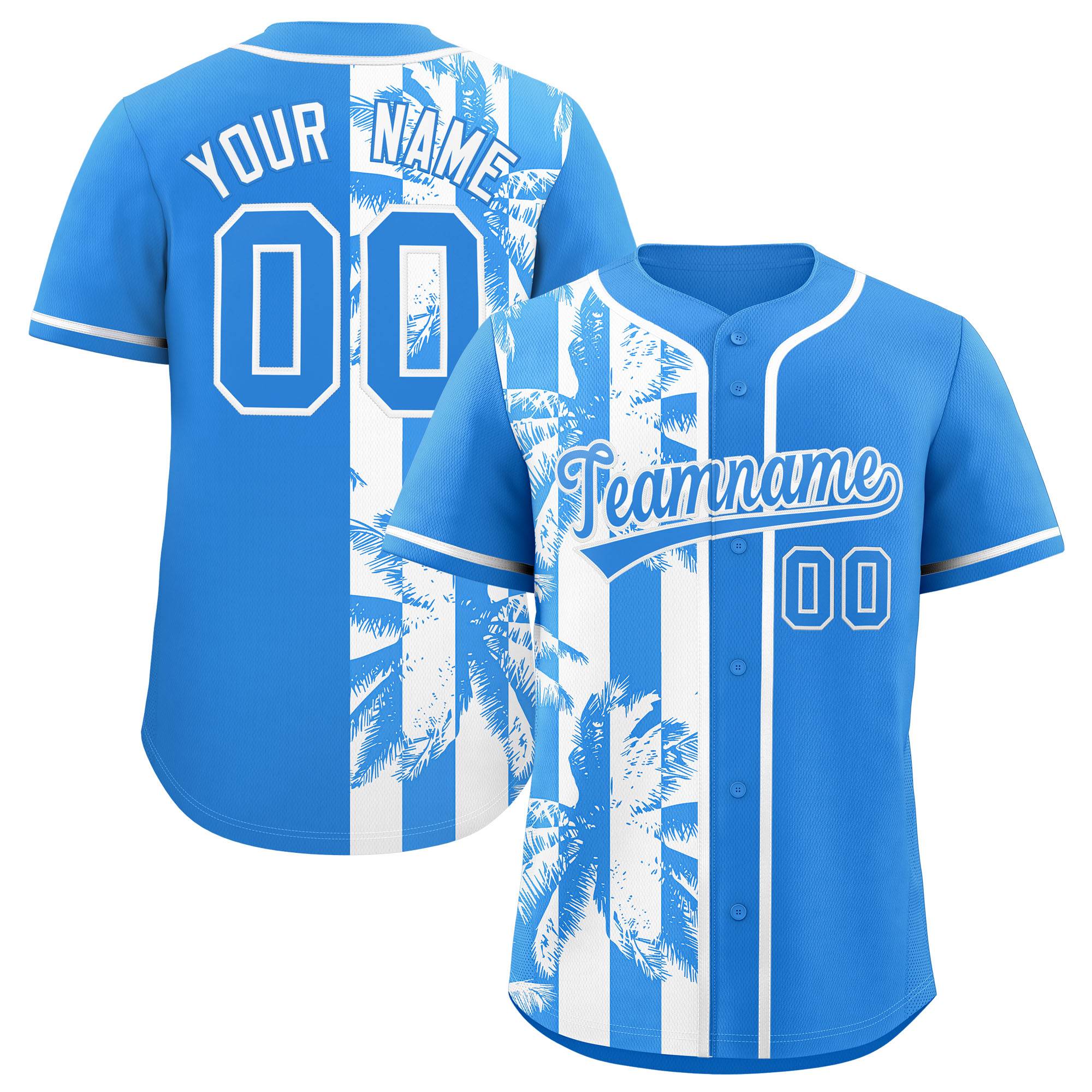 Custom Powder Blue White Split Fashion Coconut Tree Design Authentic Baseball Jersey| KXKSHOP