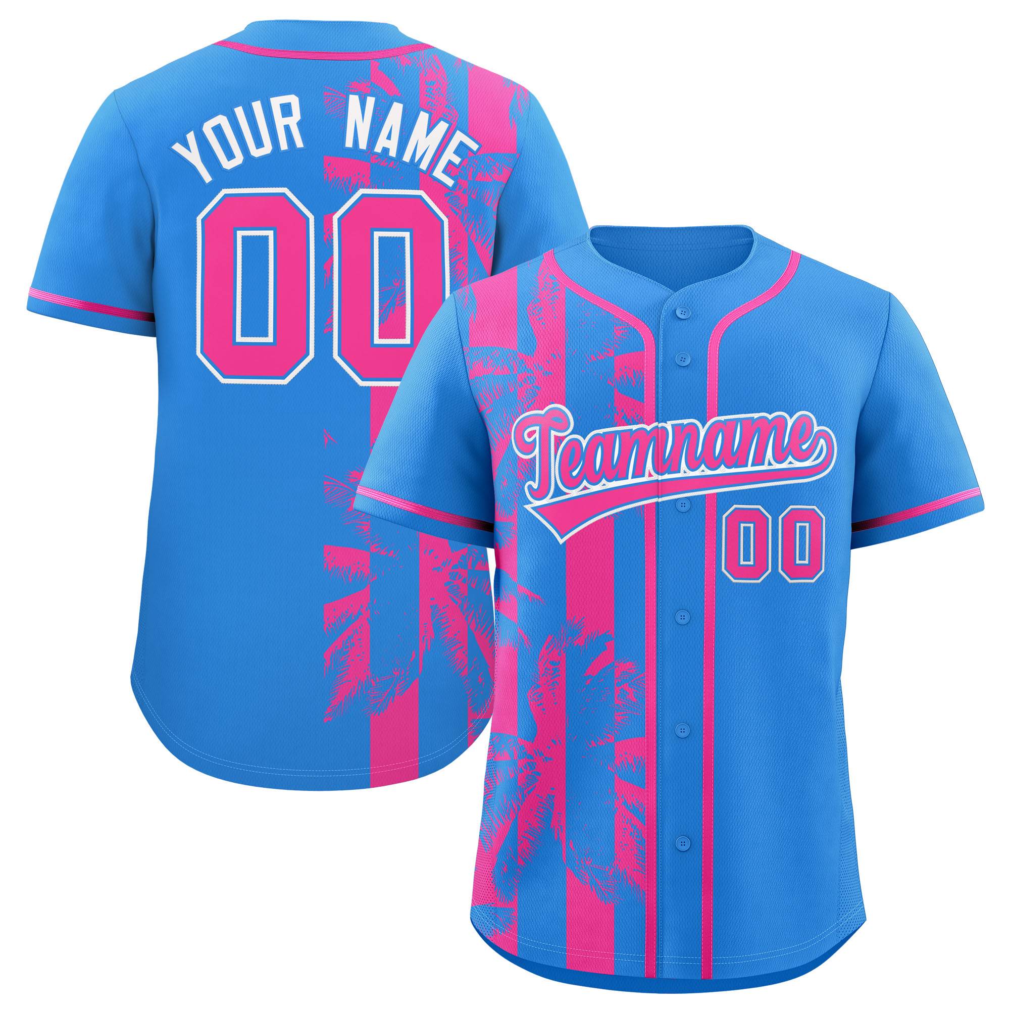Custom Powder Blue Pink Split Fashion Coconut Tree Design Authentic Baseball Jersey| KXKSHOP
