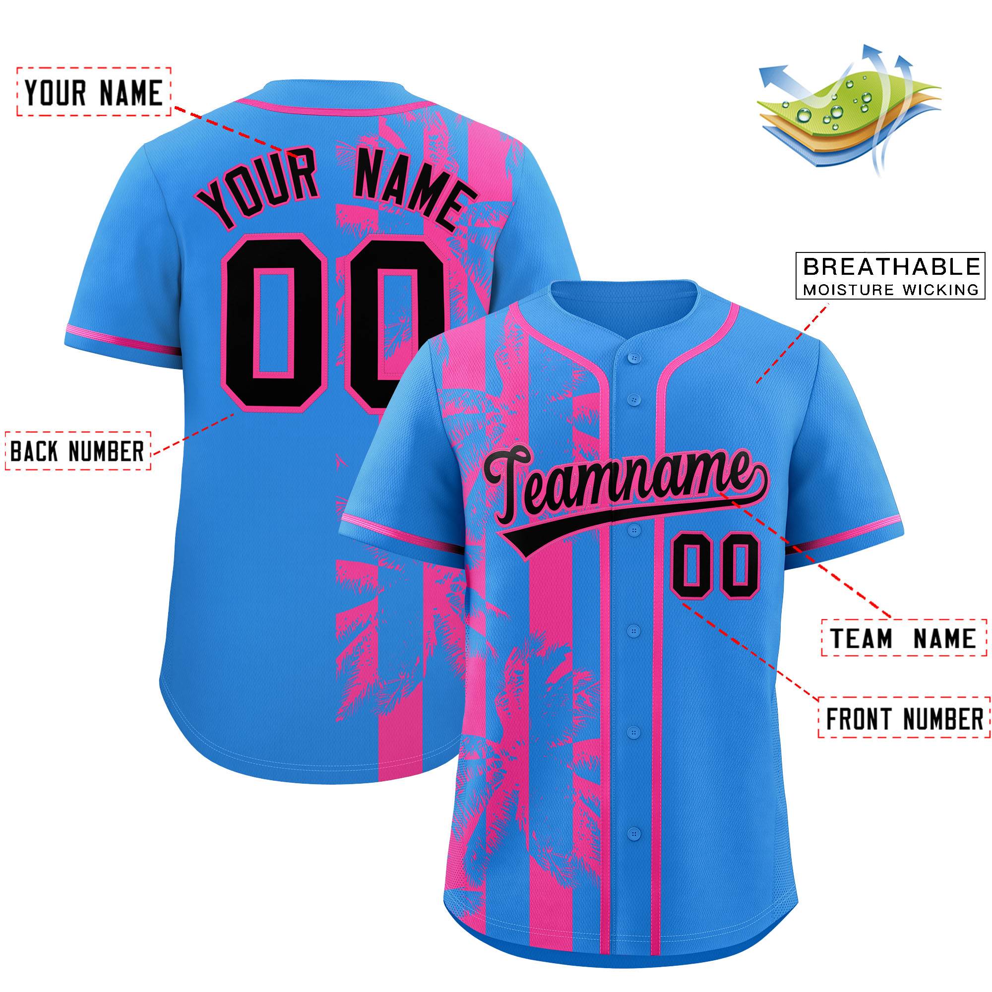 Custom Powder Blue Pink Split Fashion Coconut Tree Design Authentic Baseball Jersey| KXKSHOP