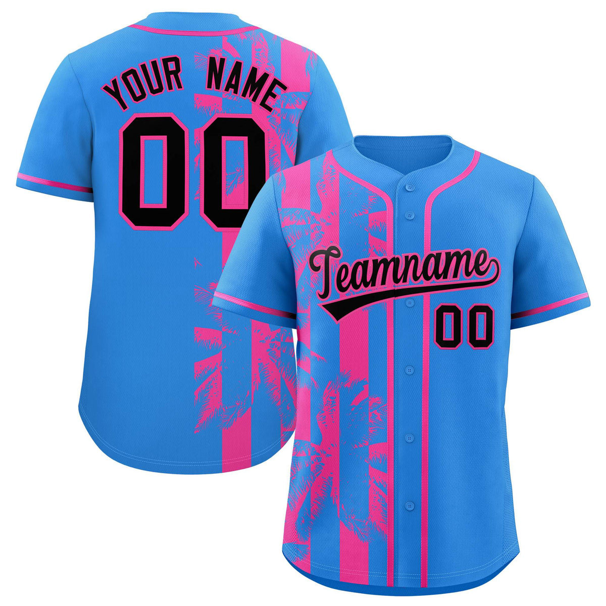 Custom Powder Blue Pink Split Fashion Coconut Tree Design Authentic Baseball Jersey| KXKSHOP