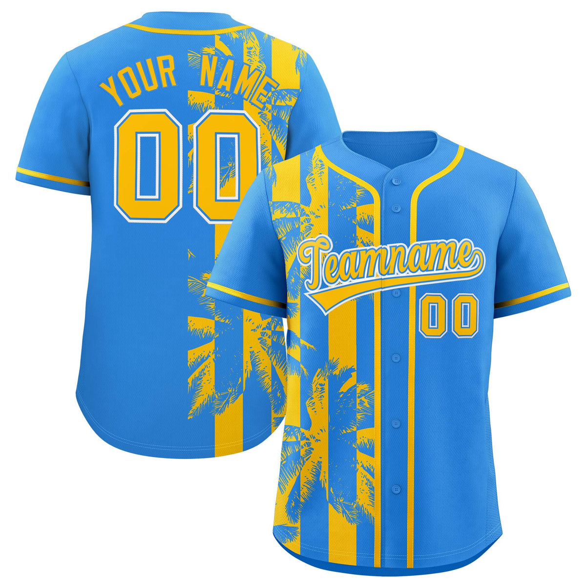 Custom Powder Blue Yellow Split Fashion Coconut Tree Design Authentic Baseball Jersey| KXKSHOP