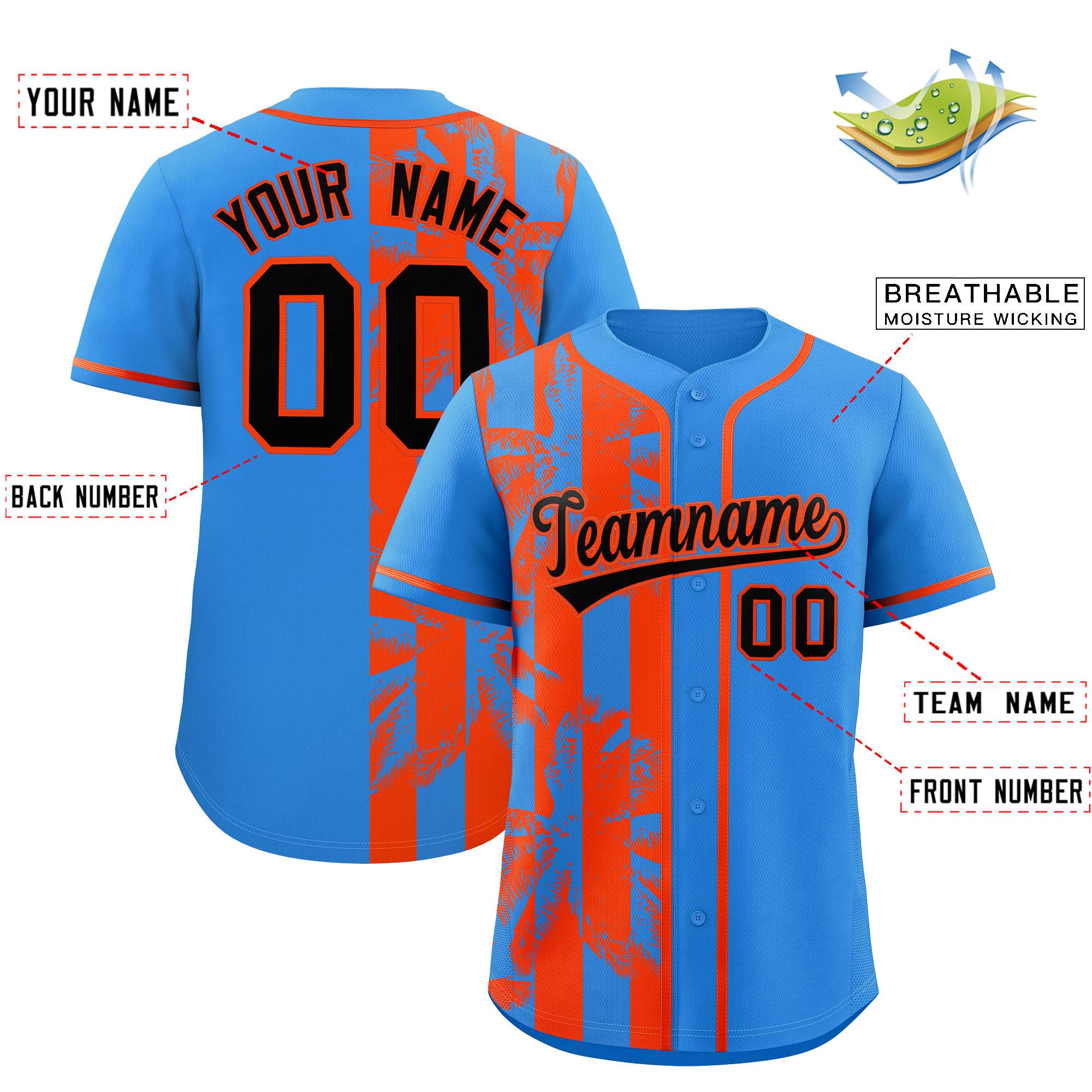 Custom Powder Blue Orange Split Fashion Coconut Tree Design Authentic Baseball Jersey| KXKSHOP