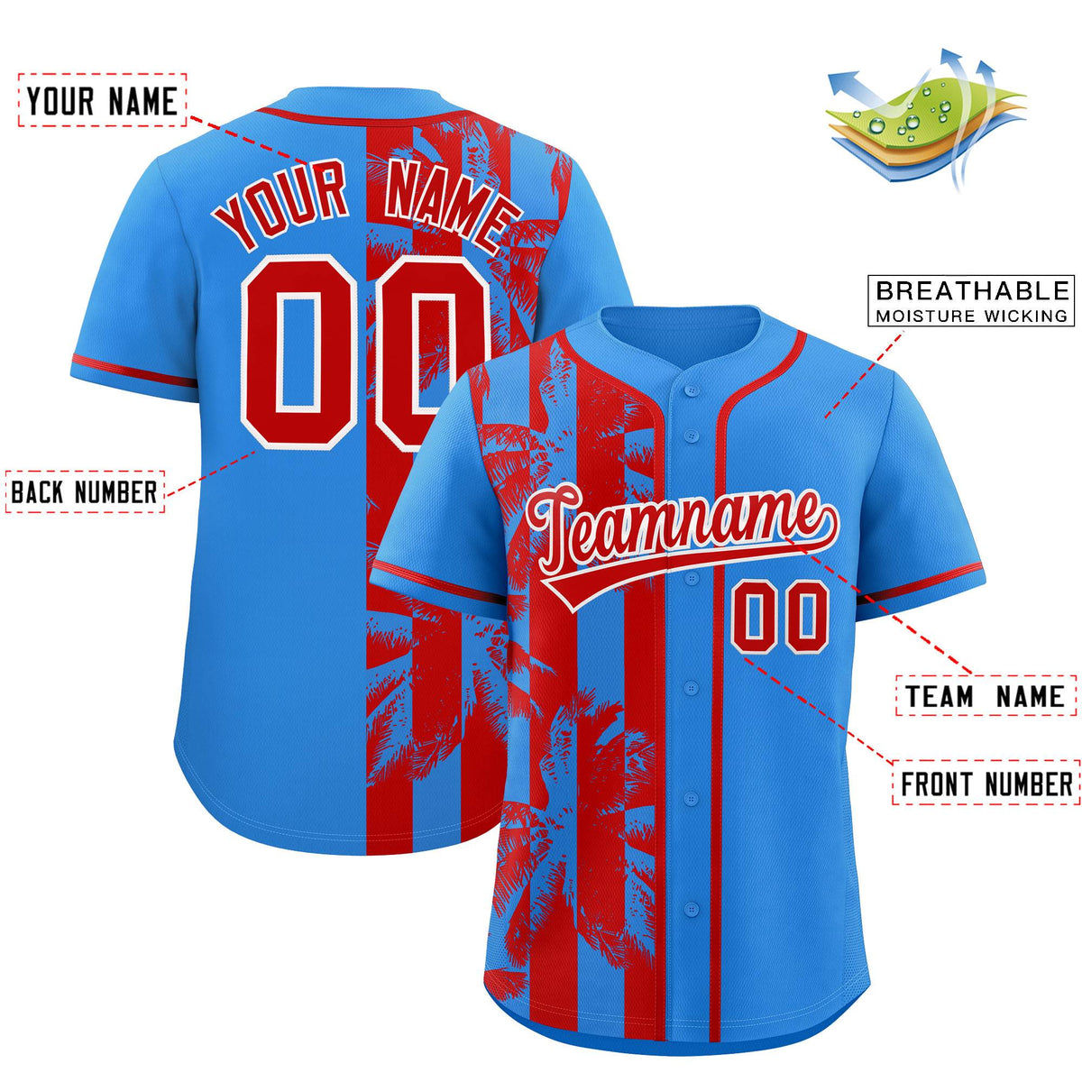 Custom Powder Blue Red Split Fashion Coconut Tree Design Authentic Baseball Jersey| KXKSHOP