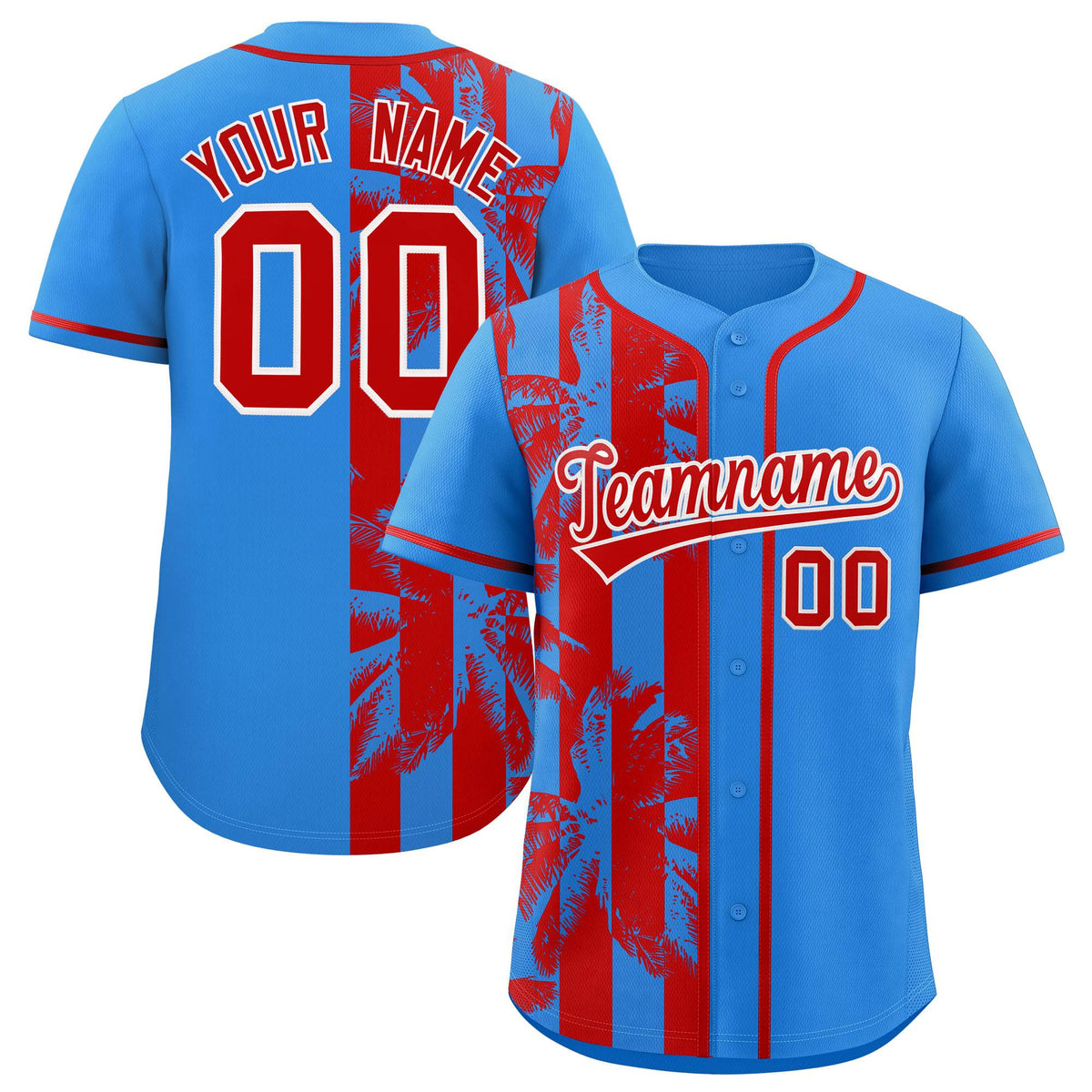 Custom Powder Blue Red Split Fashion Coconut Tree Design Authentic Baseball Jersey| KXKSHOP