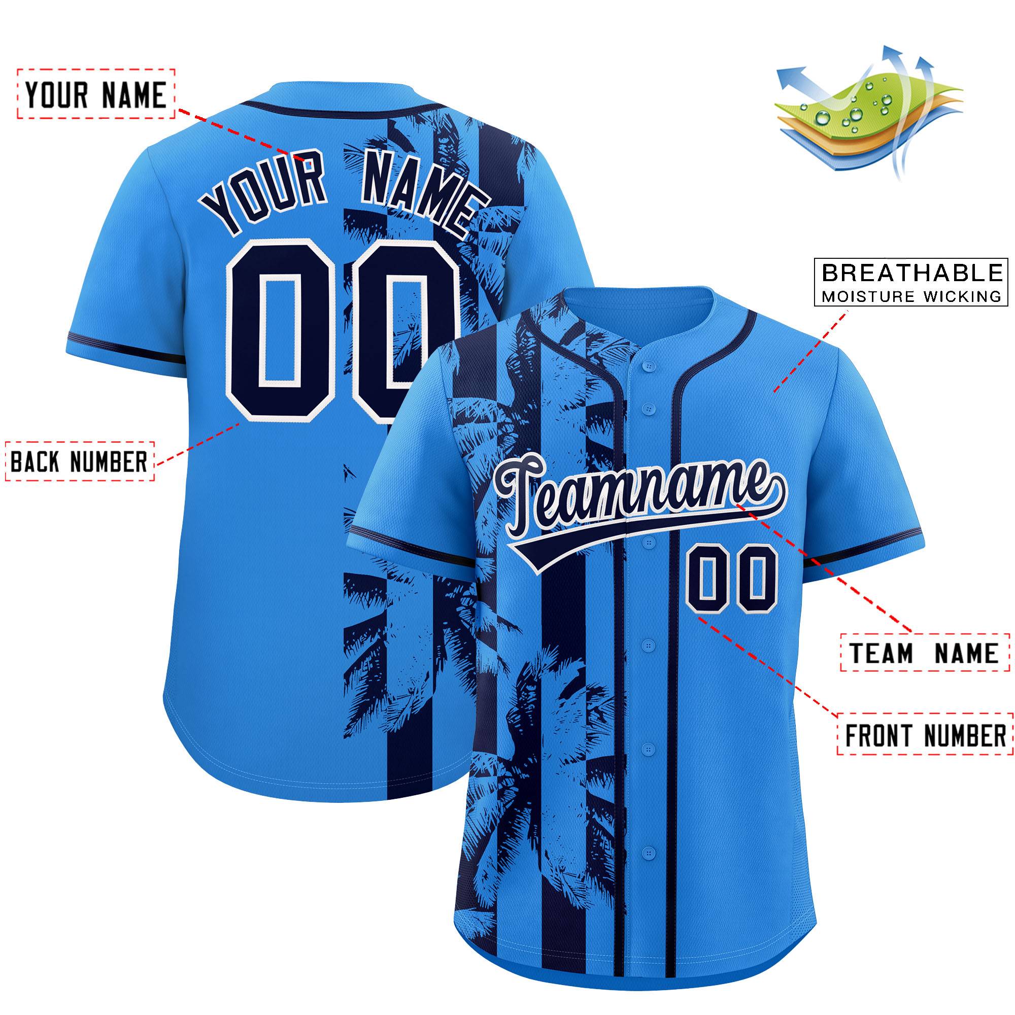 Custom Powder Blue Navy Split Fashion Coconut Tree Design Authentic Baseball Jersey| KXKSHOP