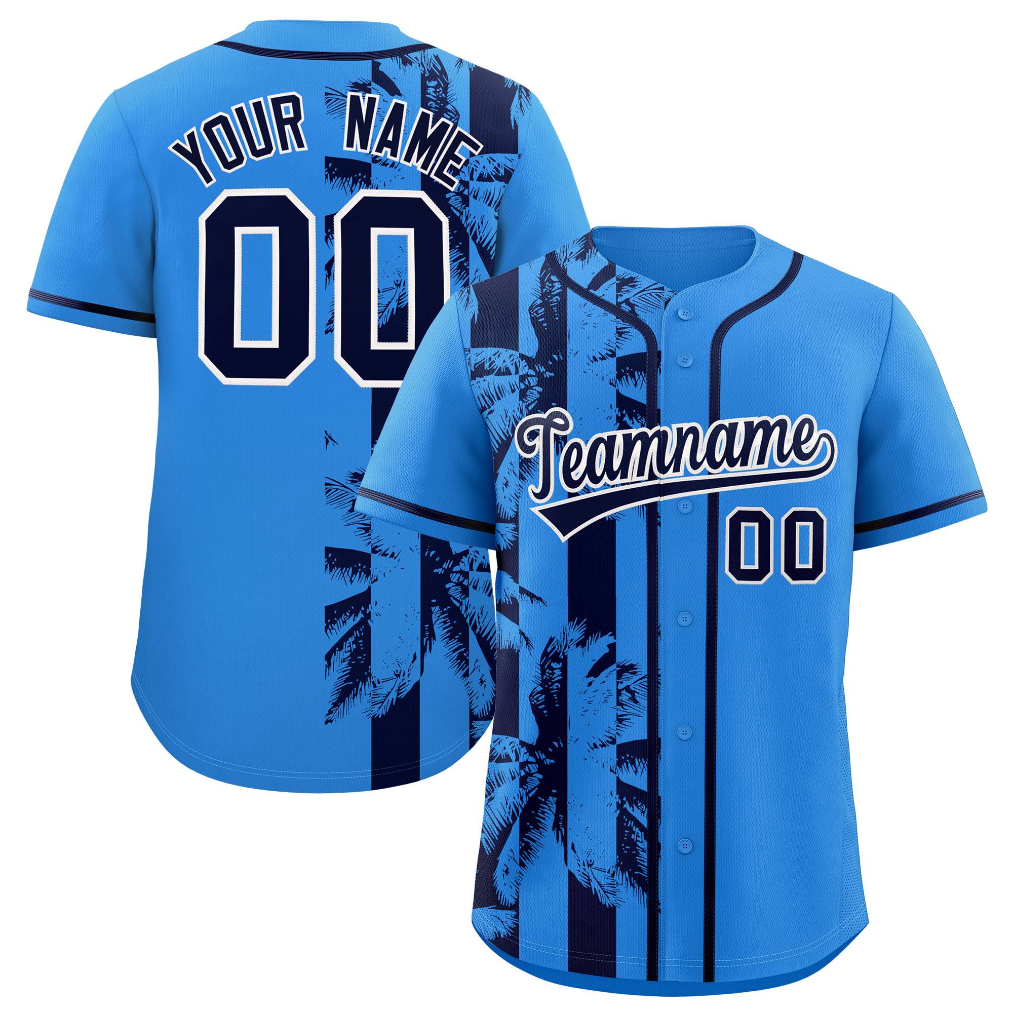 Custom Powder Blue Navy Split Fashion Coconut Tree Design Authentic Baseball Jersey| KXKSHOP