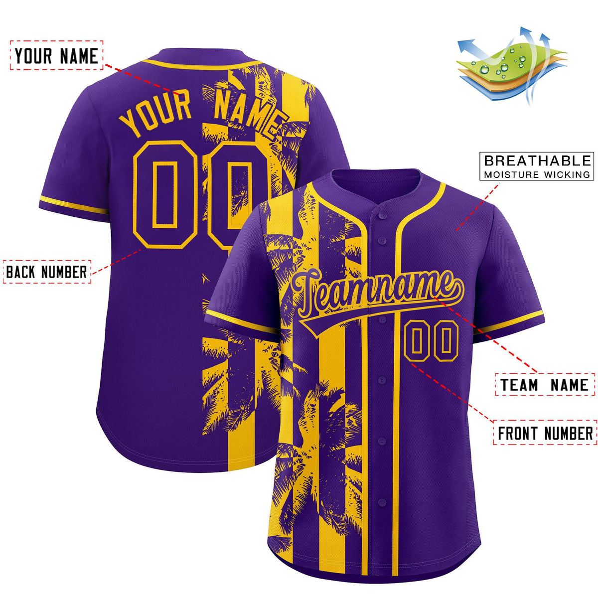 Custom Purple Yellow Split Fashion Coconut Tree Design Authentic Baseball Jersey| KXKSHOP