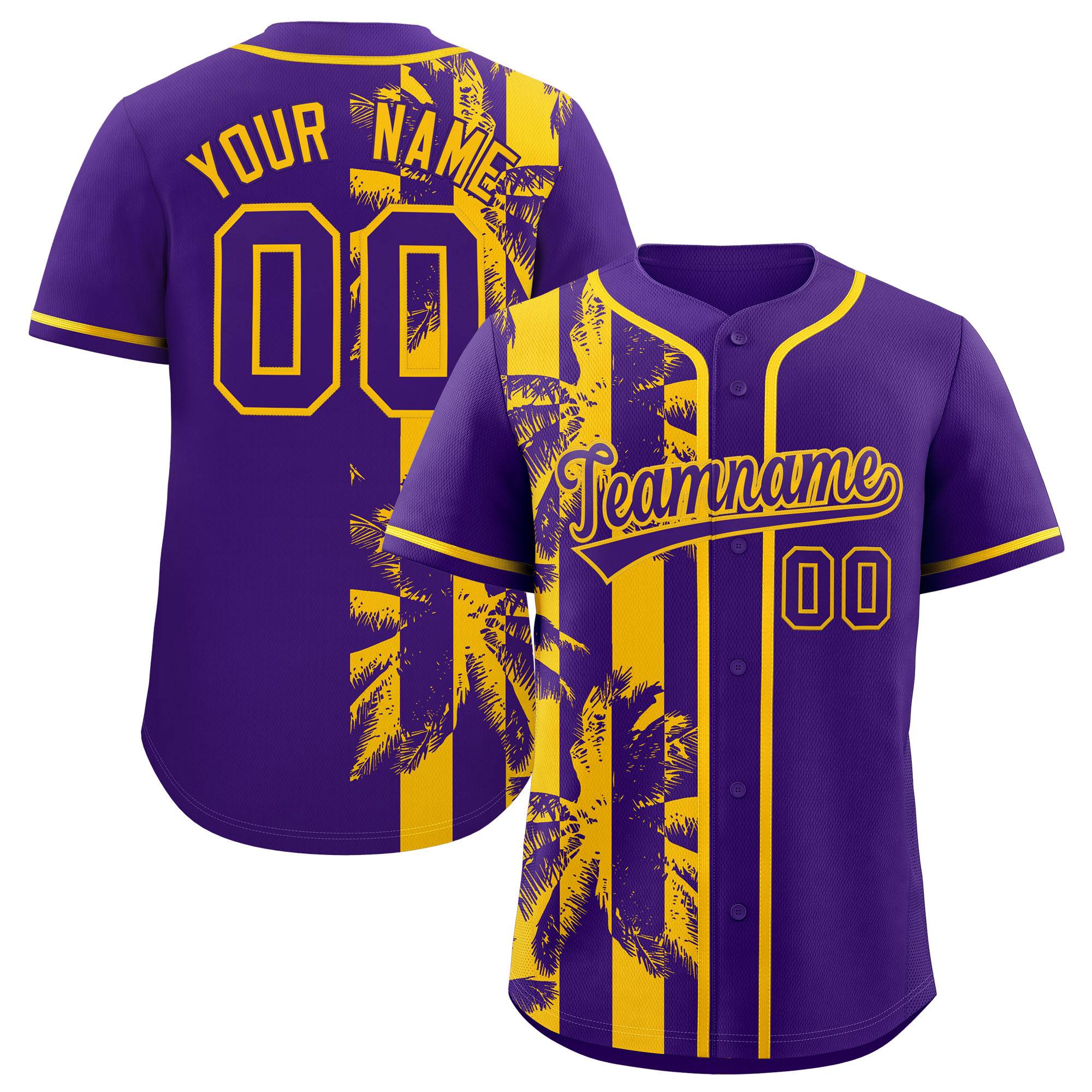 Custom Purple Yellow Split Fashion Coconut Tree Design Authentic Baseball Jersey| KXKSHOP