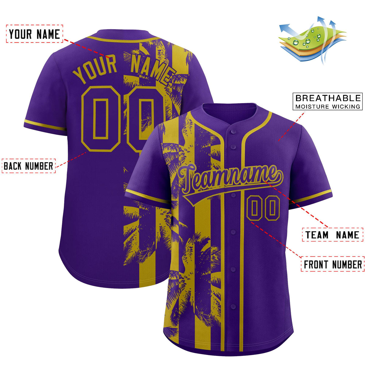 Custom Purple Old Gold Split Fashion Coconut Tree Design Authentic Baseball Jersey| KXKSHOP