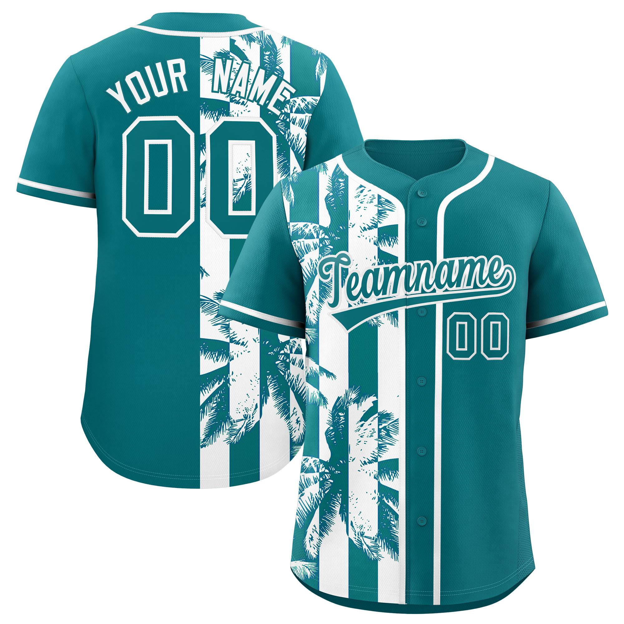 Custom Aqua White Split Fashion Coconut Tree Design Authentic Baseball Jersey| KXKSHOP