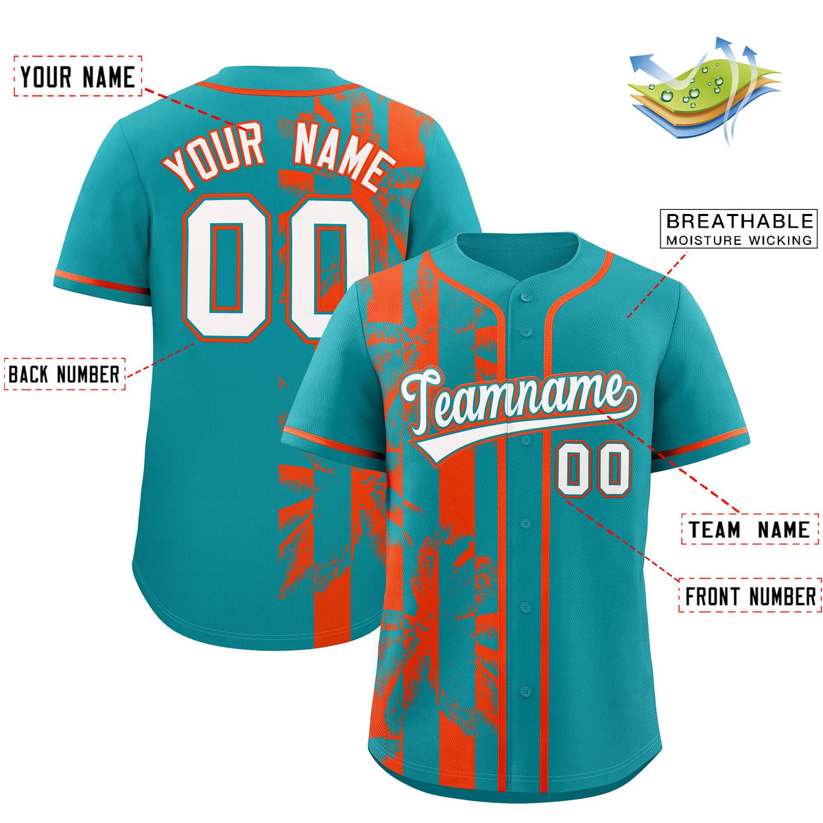 Custom Aqua Orange Split Fashion Coconut Tree Design Authentic Baseball Jersey| KXKSHOP