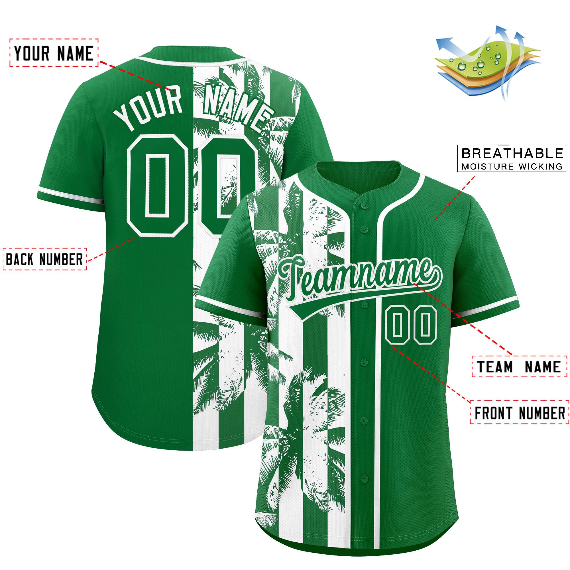 Custom Kelly Green White Split Fashion Coconut Tree Design Authentic Baseball Jersey| KXKSHOP