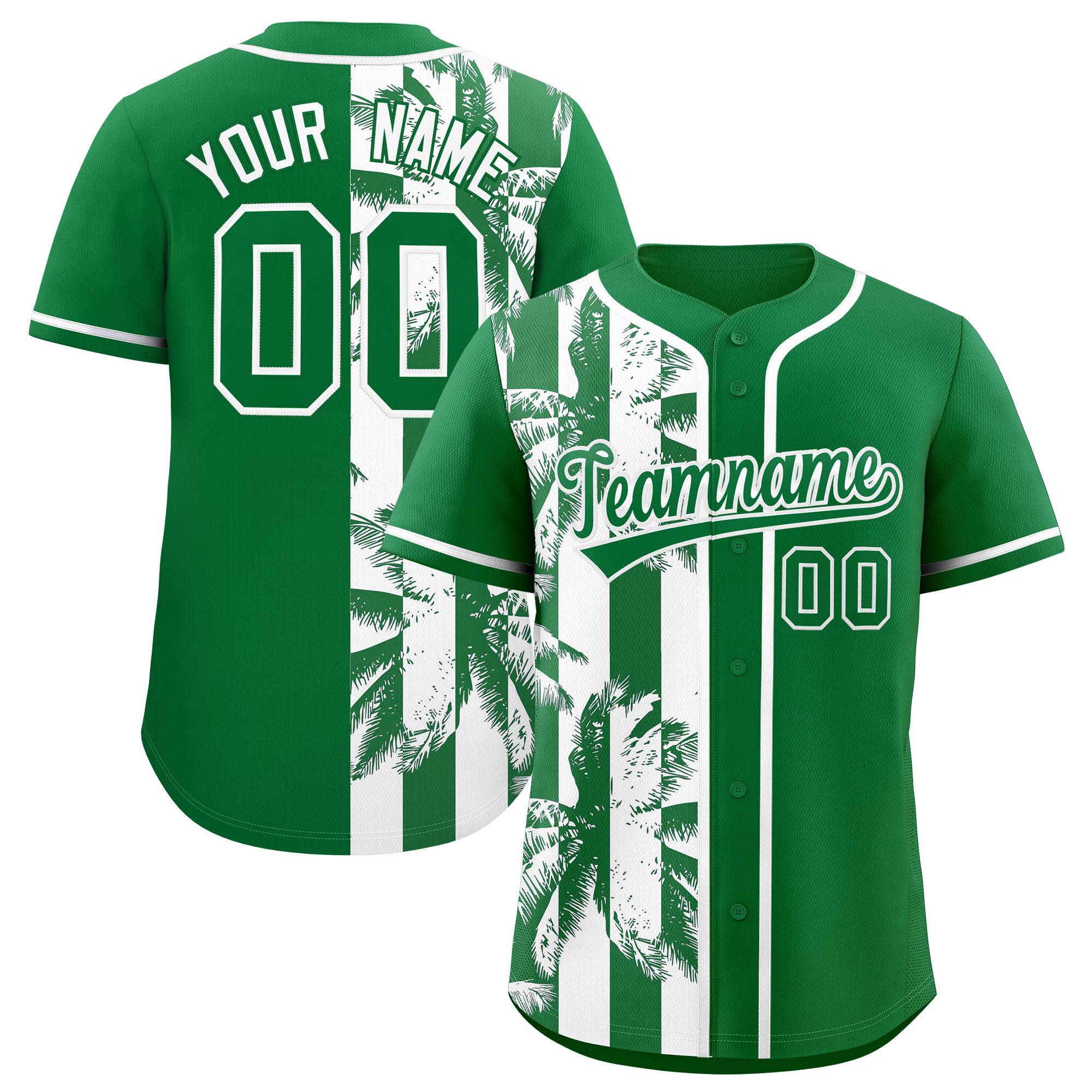 Custom Kelly Green White Split Fashion Coconut Tree Design Authentic Baseball Jersey| KXKSHOP