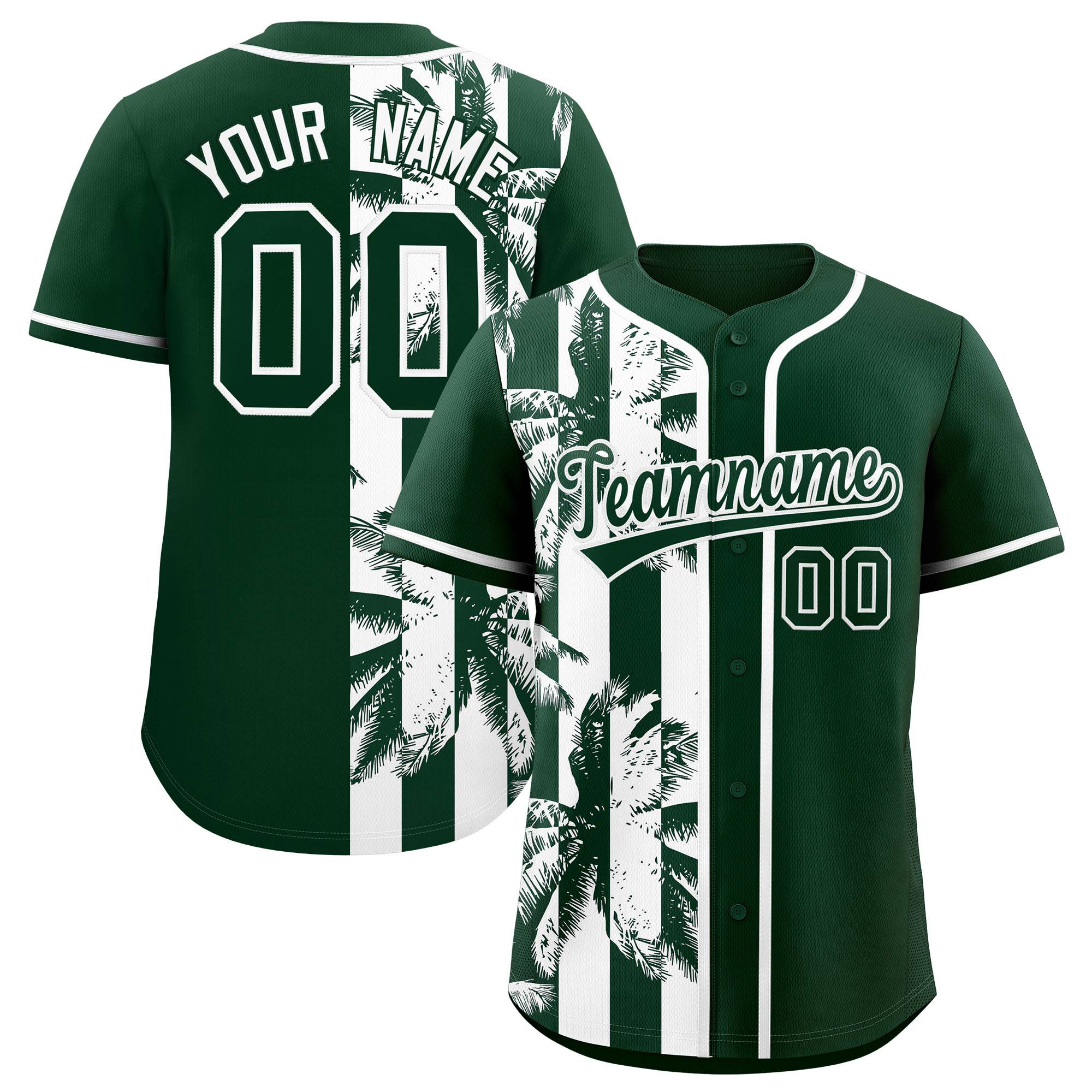 Custom Green White Split Fashion Coconut Tree Design Authentic Baseball Jersey| KXKSHOP