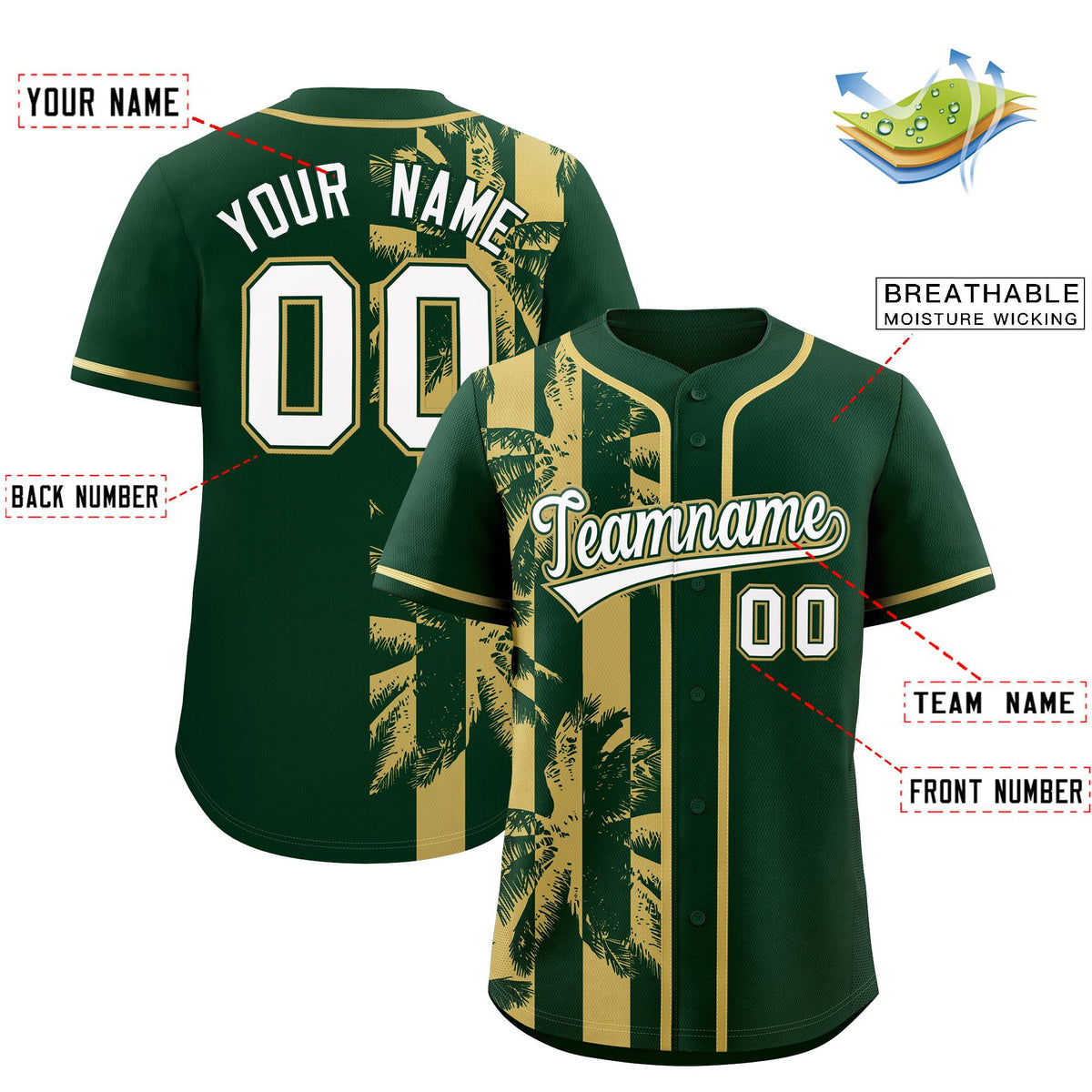 Custom Green Khaki Split Fashion Coconut Tree Design Authentic Baseball Jersey| KXKSHOP
