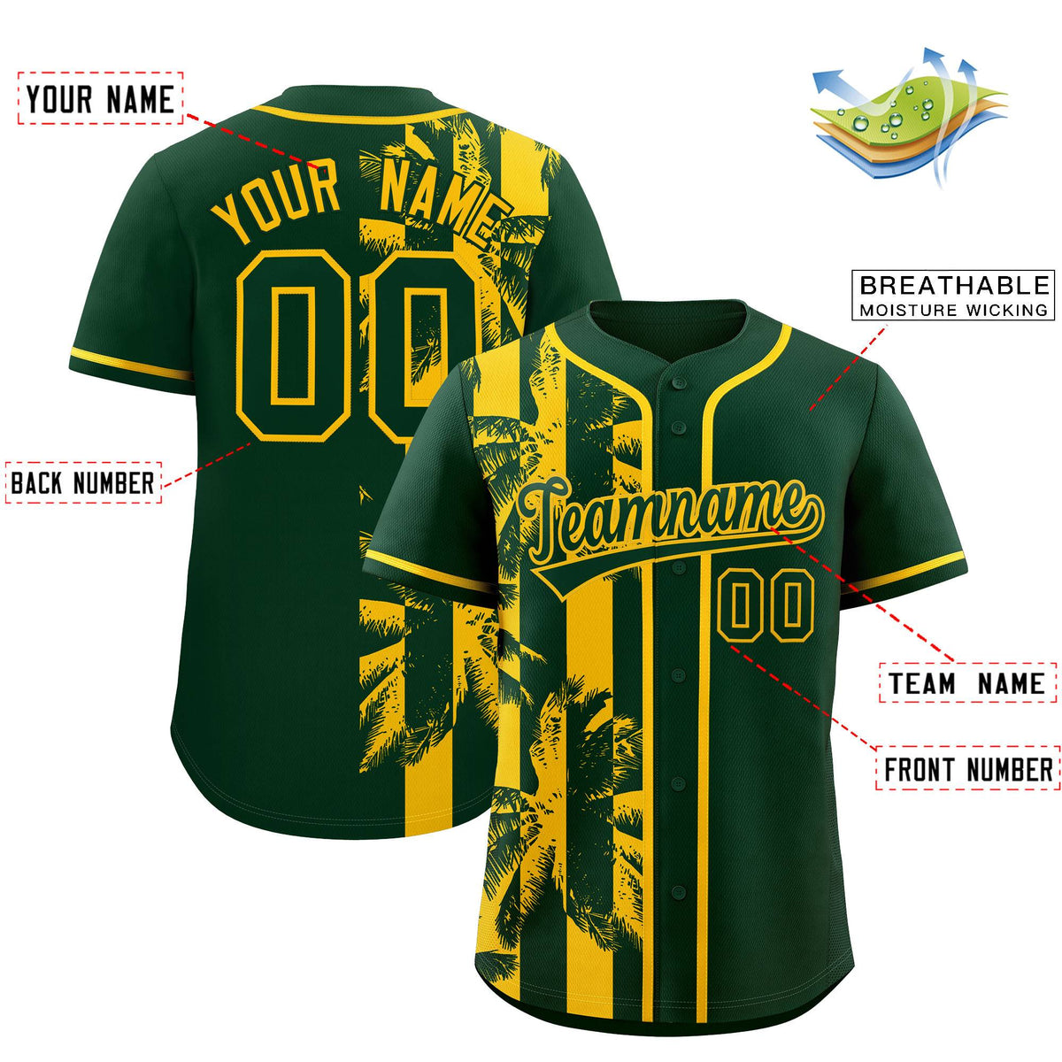 Custom Green Yellow Split Fashion Coconut Tree Design Authentic Baseball Jersey| KXKSHOP