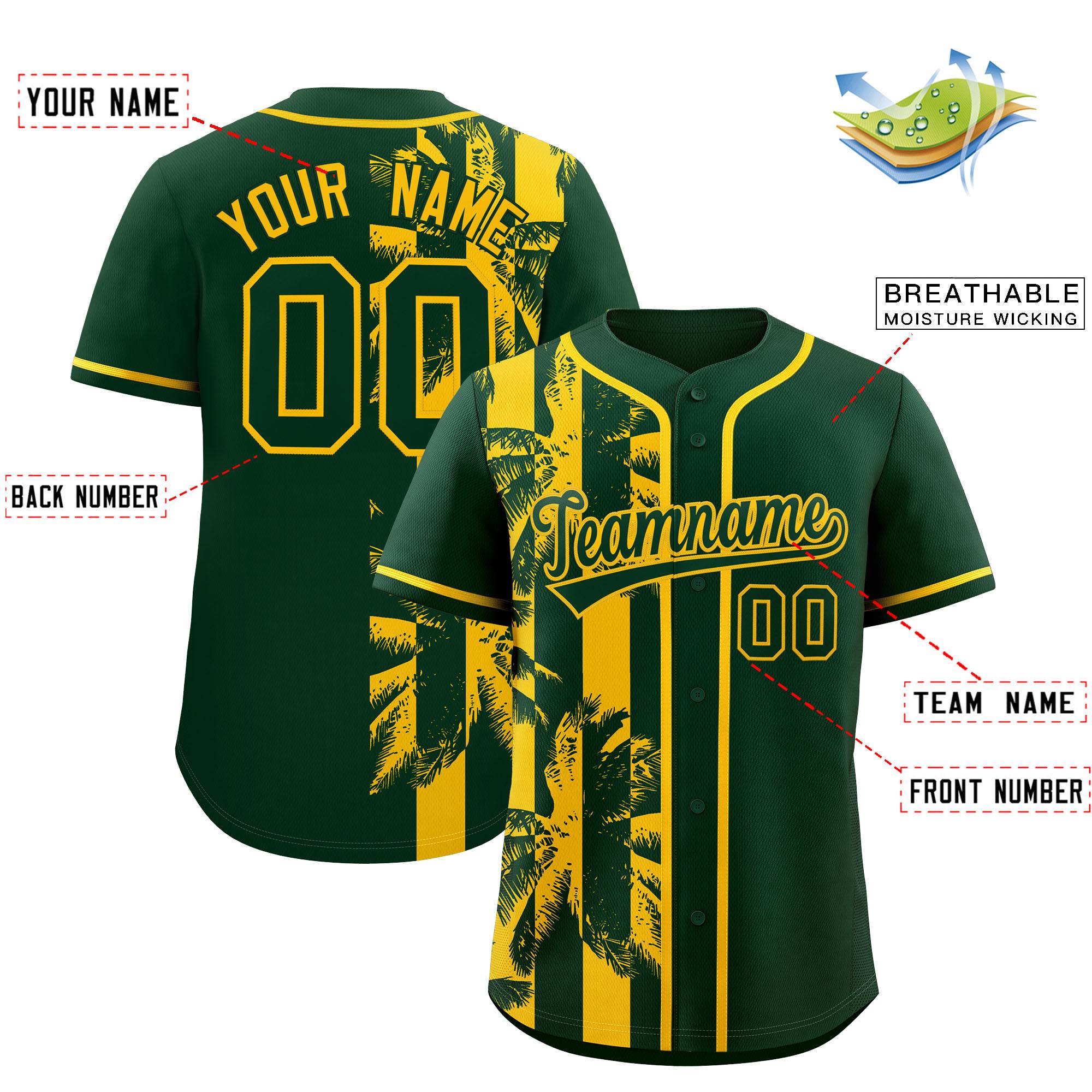 Custom Green Yellow Split Fashion Coconut Tree Design Authentic Baseball Jersey| KXKSHOP
