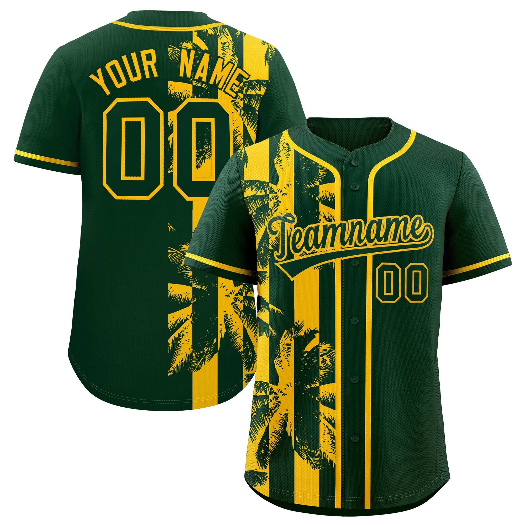 Custom Green Yellow Split Fashion Coconut Tree Design Authentic Baseball Jersey| KXKSHOP