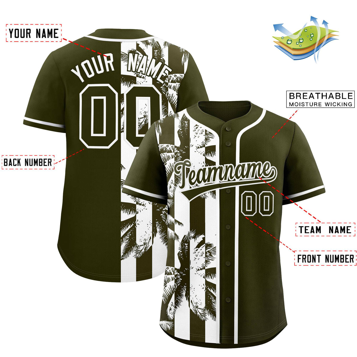Custom Olive White Split Fashion Coconut Tree Design Authentic Baseball Jersey| KXKSHOP