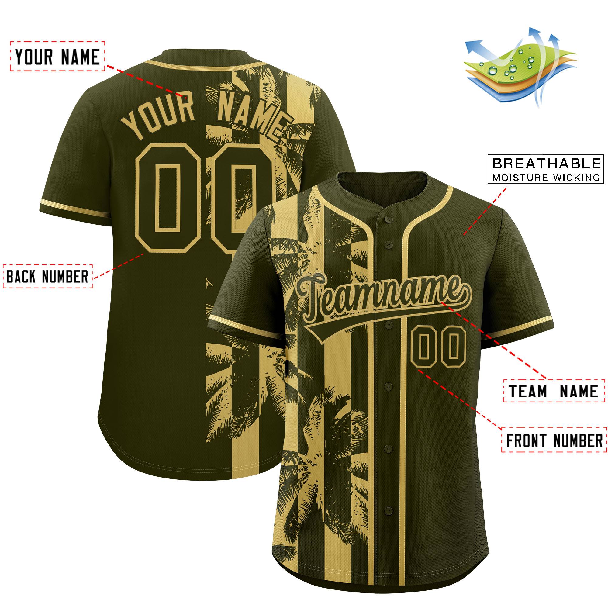 Custom Olive Khaki Split Fashion Coconut Tree Design Authentic Baseball Jersey| KXKSHOP