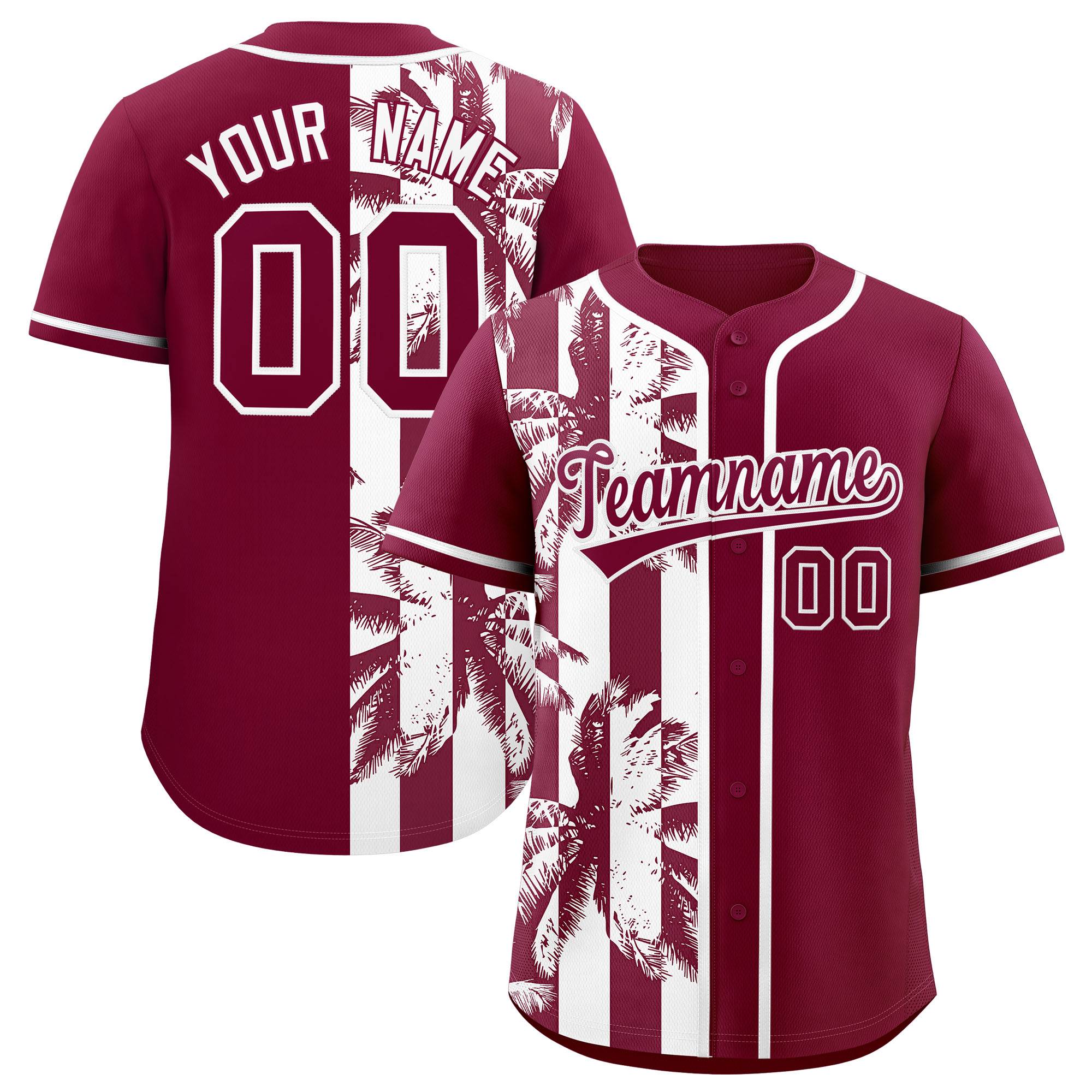 Custom Crimson White Split Fashion Coconut Tree Design Authentic Baseball Jersey| KXKSHOP