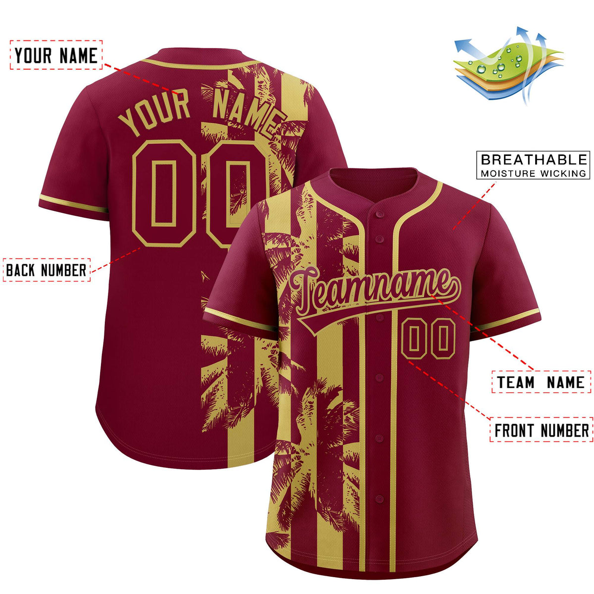 Custom Crimson Khaki Split Fashion Coconut Tree Design Authentic Baseball Jersey| KXKSHOP