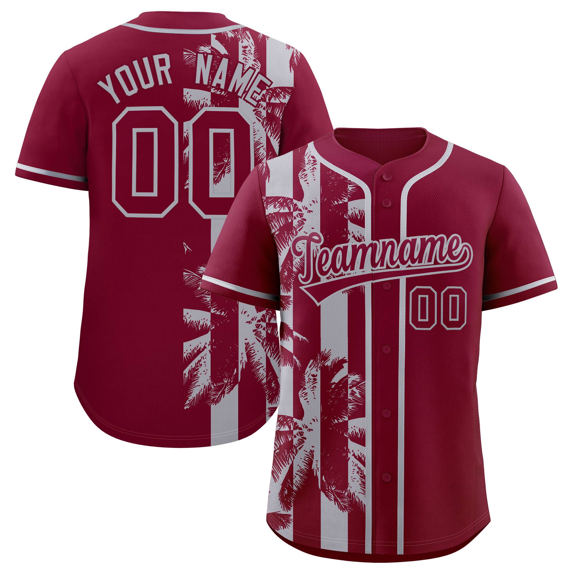 Custom Crimson Gray Split Fashion Coconut Tree Design Authentic Baseball Jersey| KXKSHOP