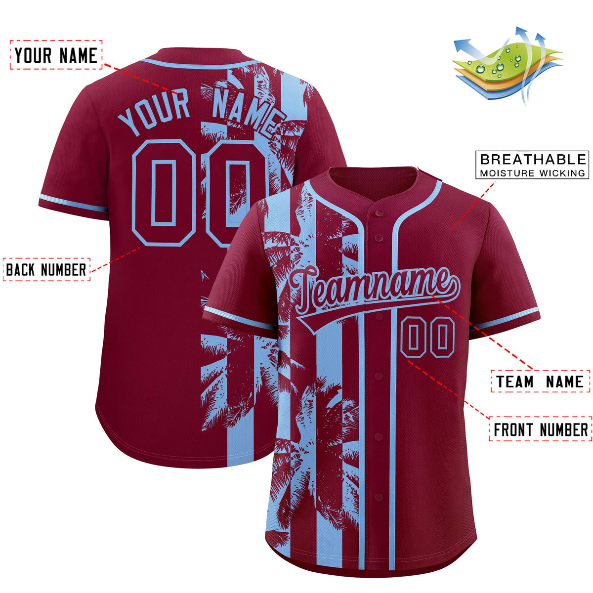 Custom Crimson Powder Blue Split Fashion Coconut Tree Design Authentic Baseball Jersey| KXKSHOP