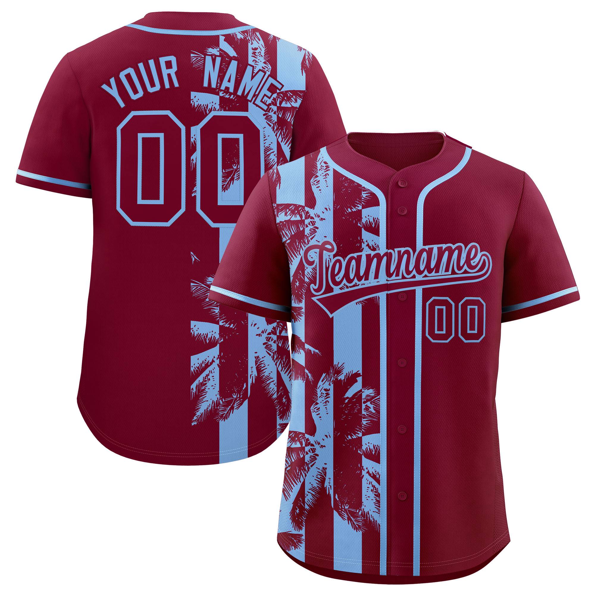 Custom Crimson Powder Blue Split Fashion Coconut Tree Design Authentic Baseball Jersey| KXKSHOP