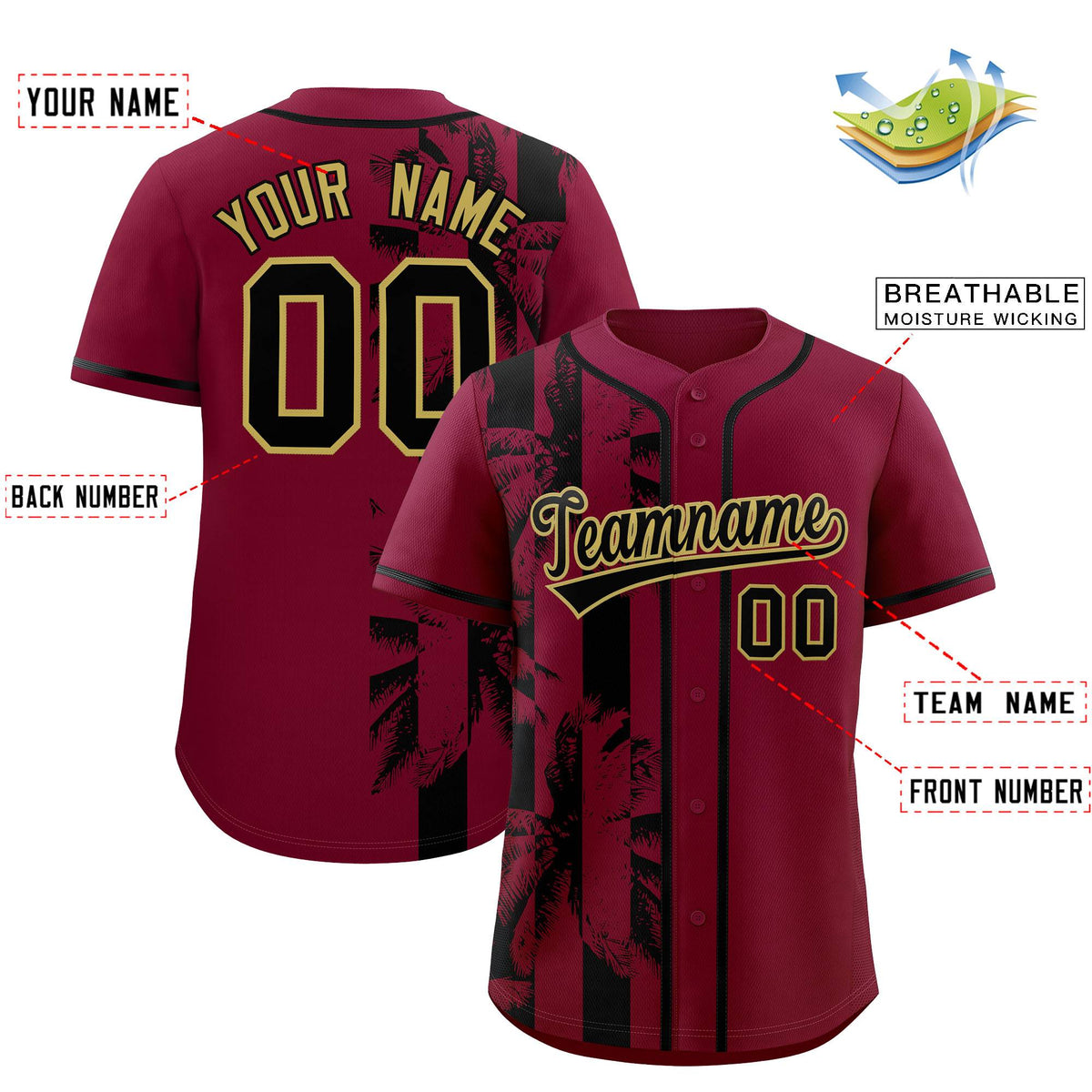 Custom Crimson Black Split Fashion Coconut Tree Design Authentic Baseball Jersey| KXKSHOP