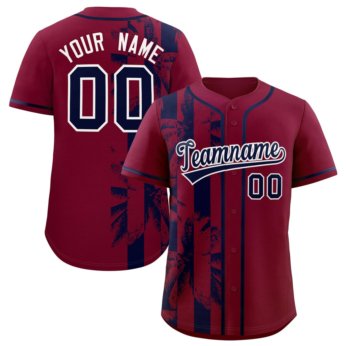 Custom Crimson Navy Split Fashion Coconut Tree Design Authentic Baseball Jersey| KXKSHOP