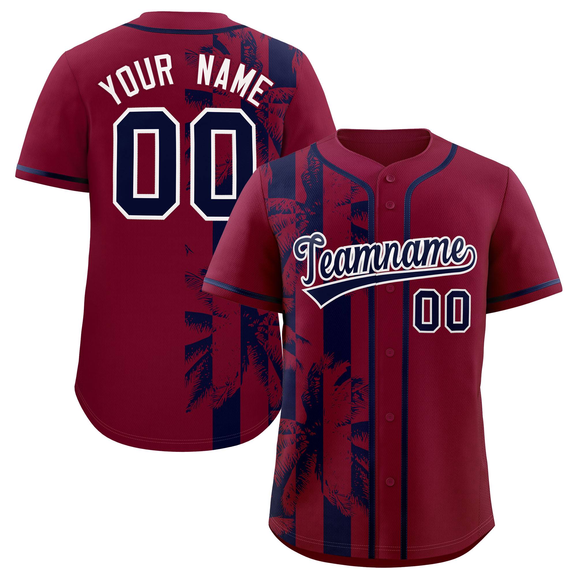 Custom Crimson Navy Split Fashion Coconut Tree Design Authentic Baseball Jersey| KXKSHOP