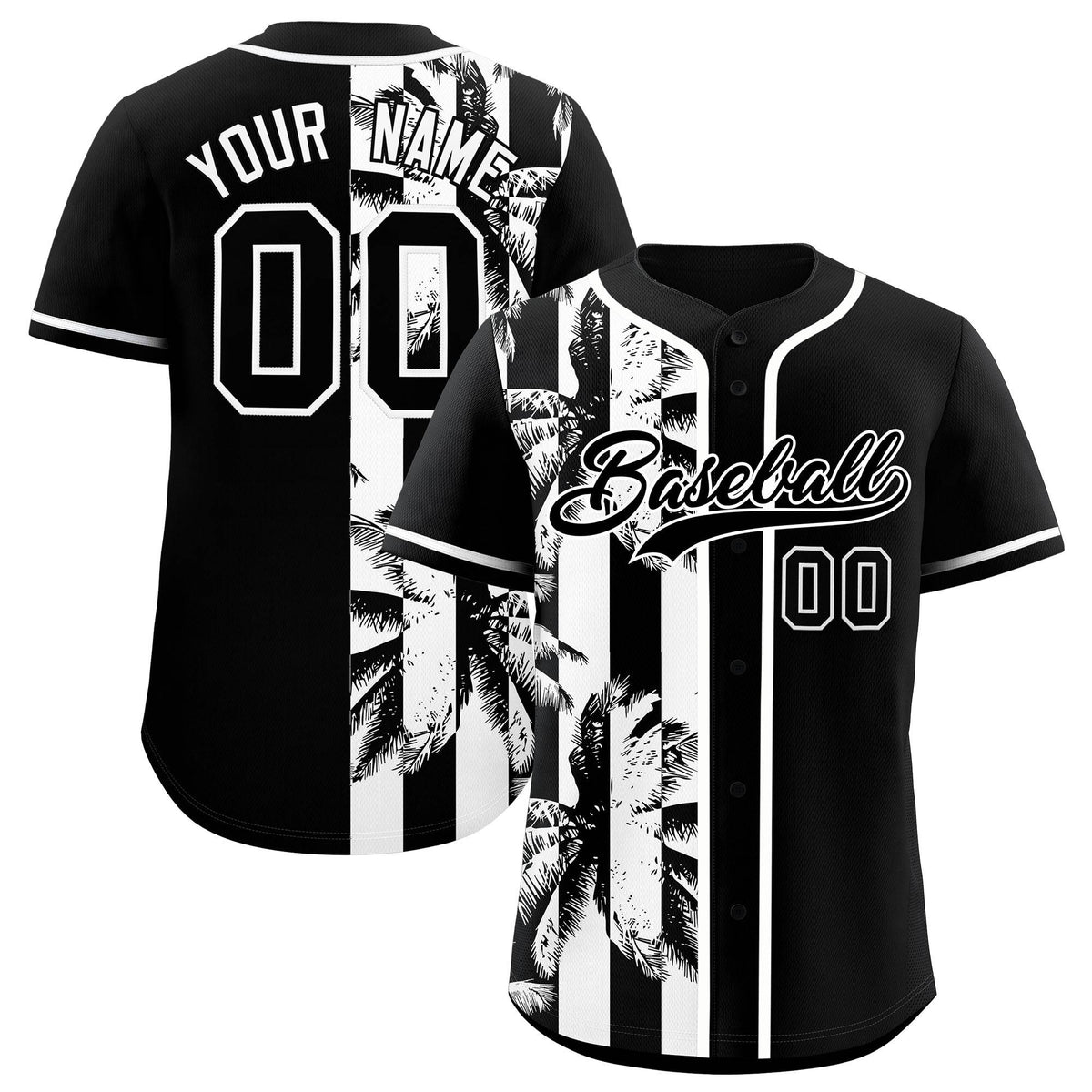 Custom Black White Split Fashion Coconut Tree Design Authentic Baseball Jersey| KXKSHOP