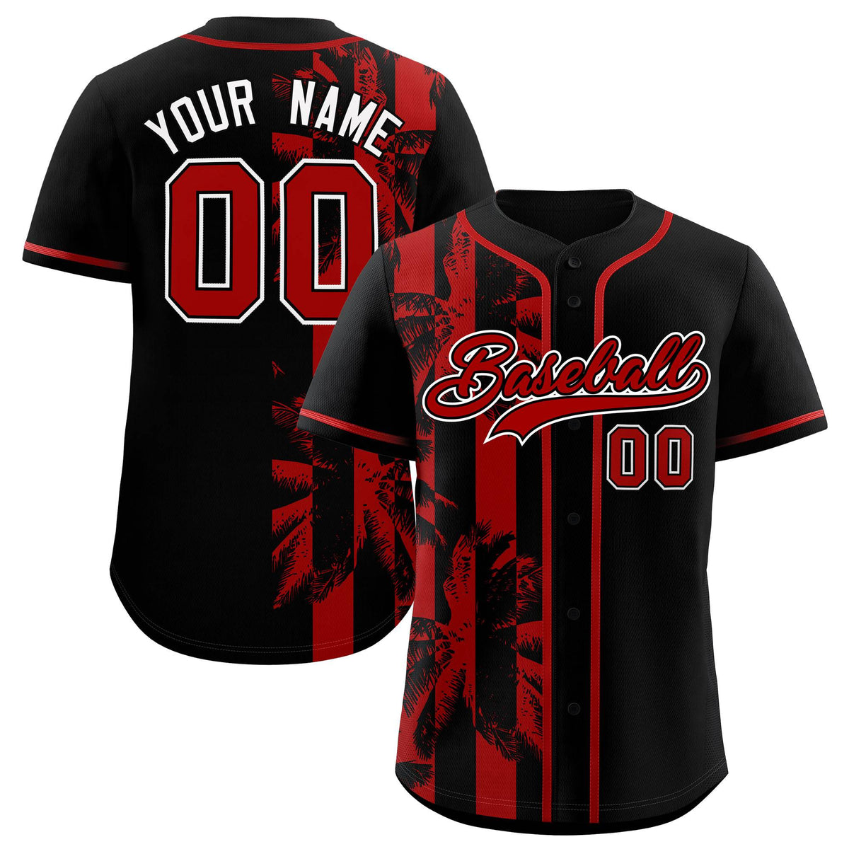 Custom Black Red Split Fashion Coconut Tree Design Authentic Baseball Jersey| KXKSHOP