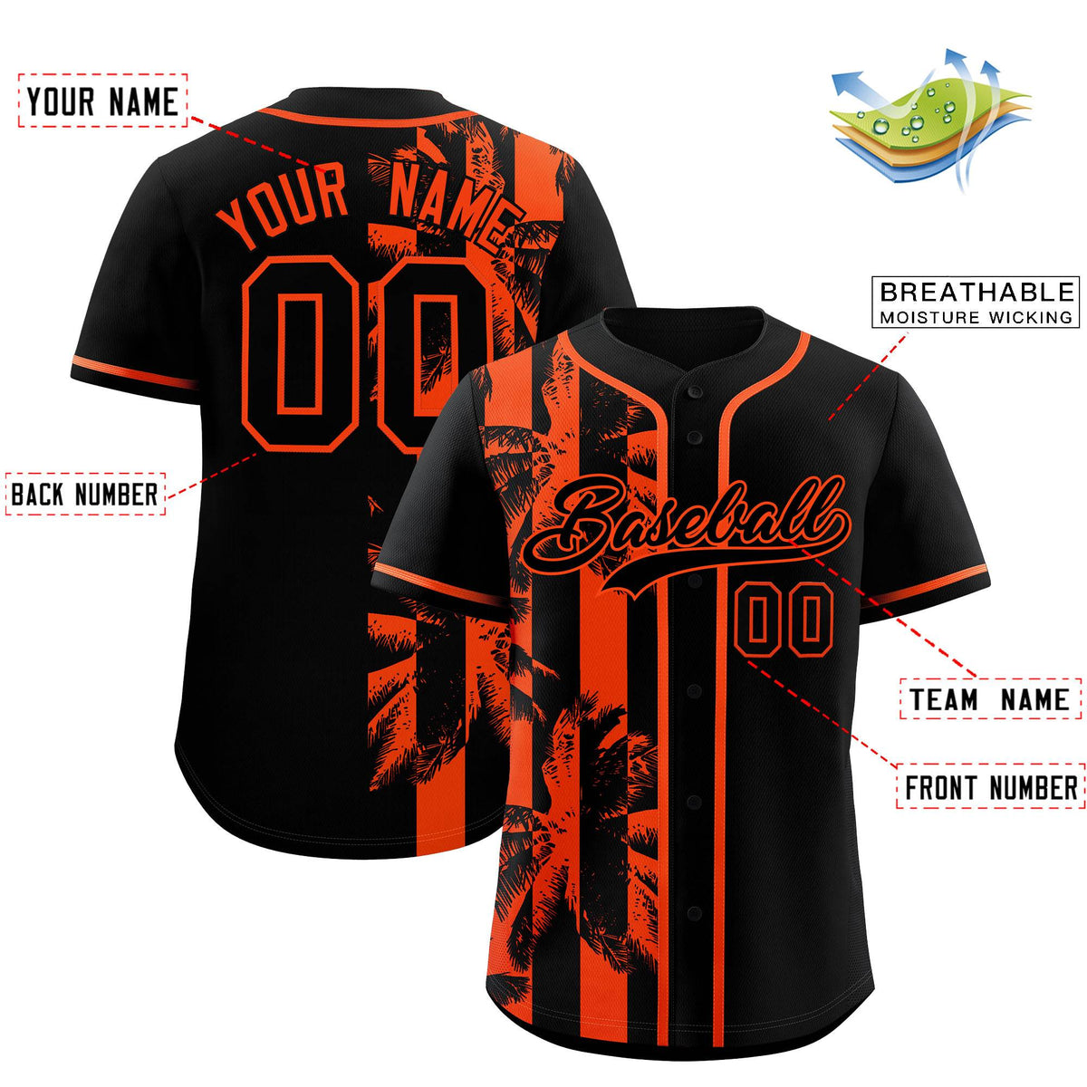 Custom Black Orange Split Fashion Coconut Tree Design Authentic Baseball Jersey| KXKSHOP