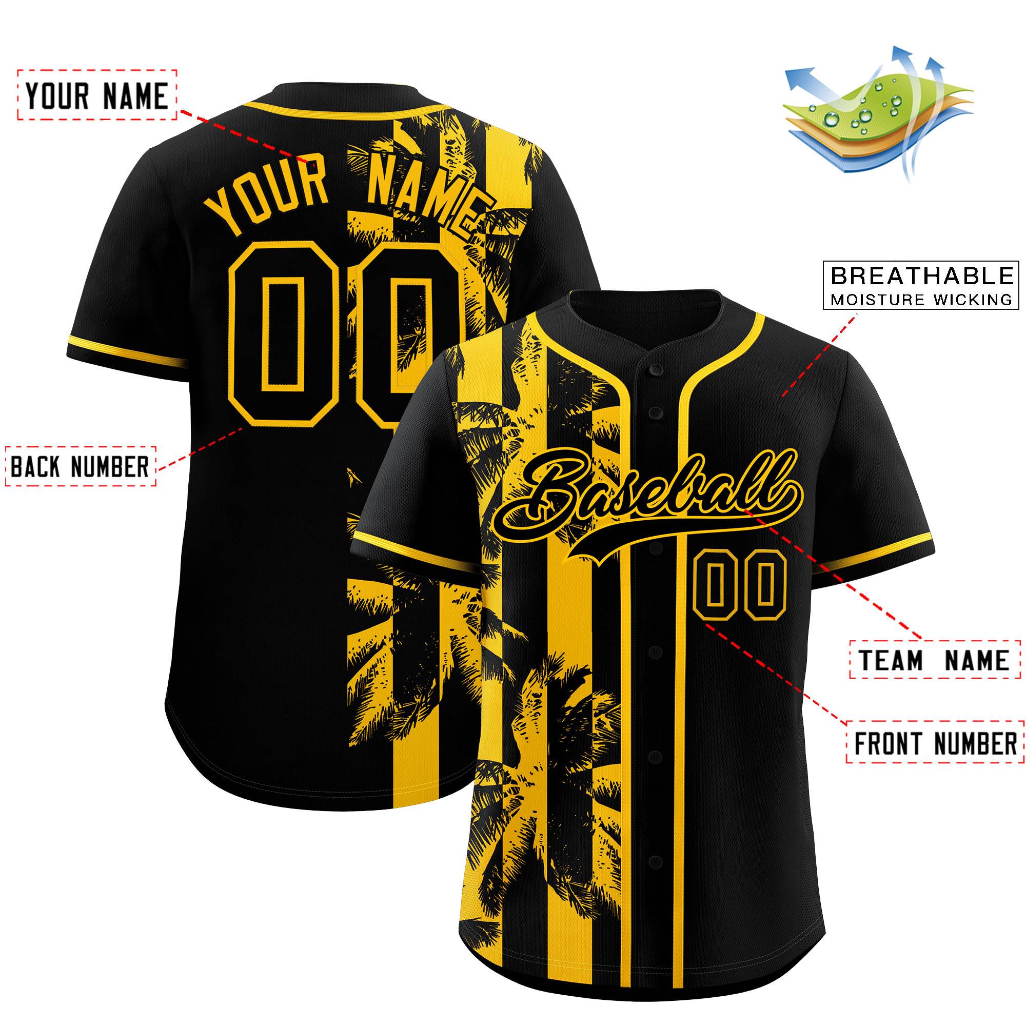 Custom Black Yellow Split Fashion Coconut Tree Design Authentic Baseball Jersey| KXKSHOP