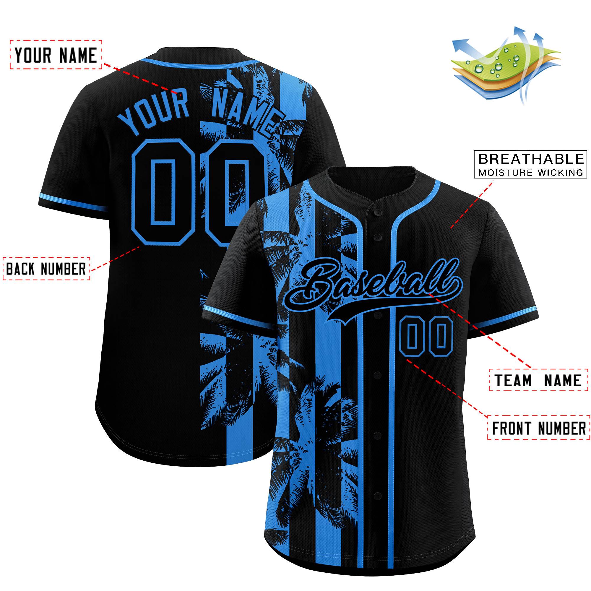 Custom Black Powder Blue Split Fashion Coconut Tree Design Authentic Baseball Jersey| KXKSHOP