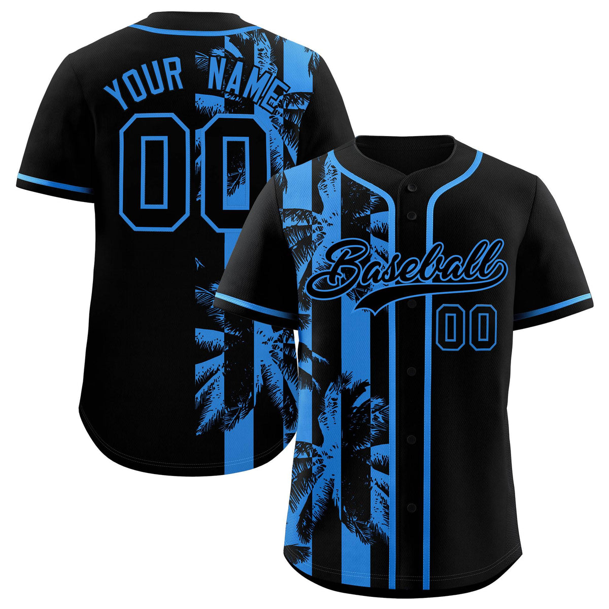 Custom Black Powder Blue Split Fashion Coconut Tree Design Authentic Baseball Jersey| KXKSHOP