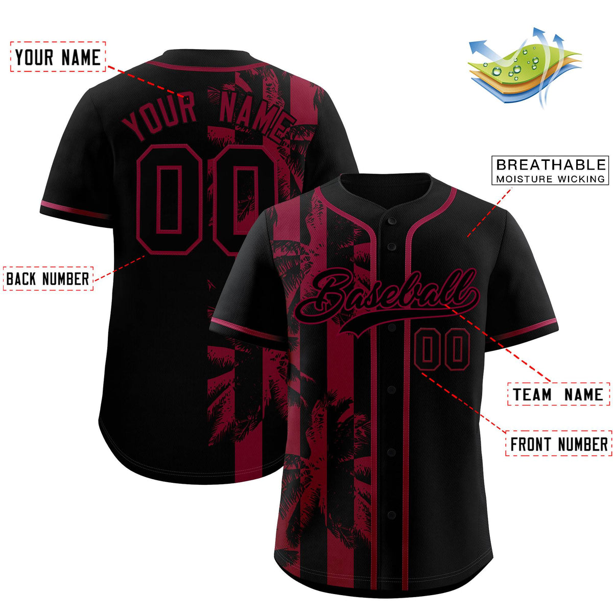 Custom Black Crimson Split Fashion Coconut Tree Design Authentic Baseball Jersey| KXKSHOP