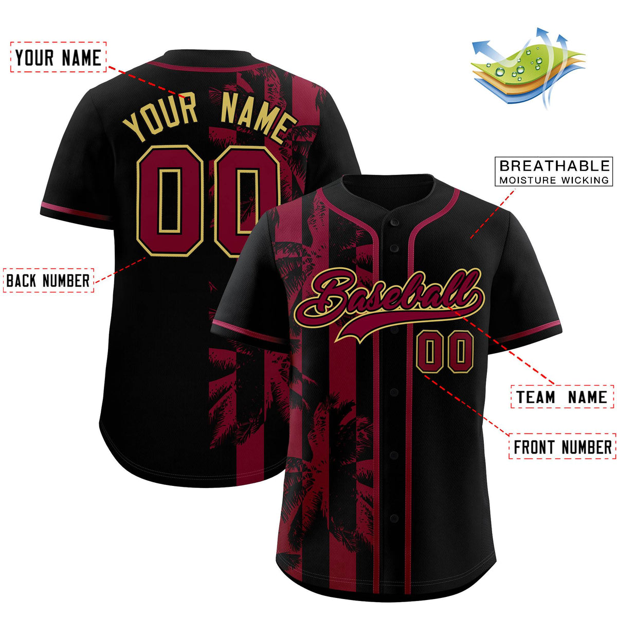 Custom Black Crimson Split Fashion Coconut Tree Design Authentic Baseball Jersey| KXKSHOP