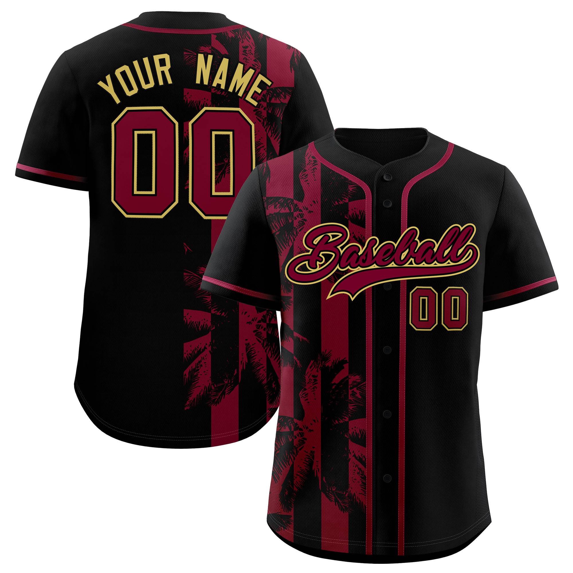 Custom Black Crimson Split Fashion Coconut Tree Design Authentic Baseball Jersey| KXKSHOP