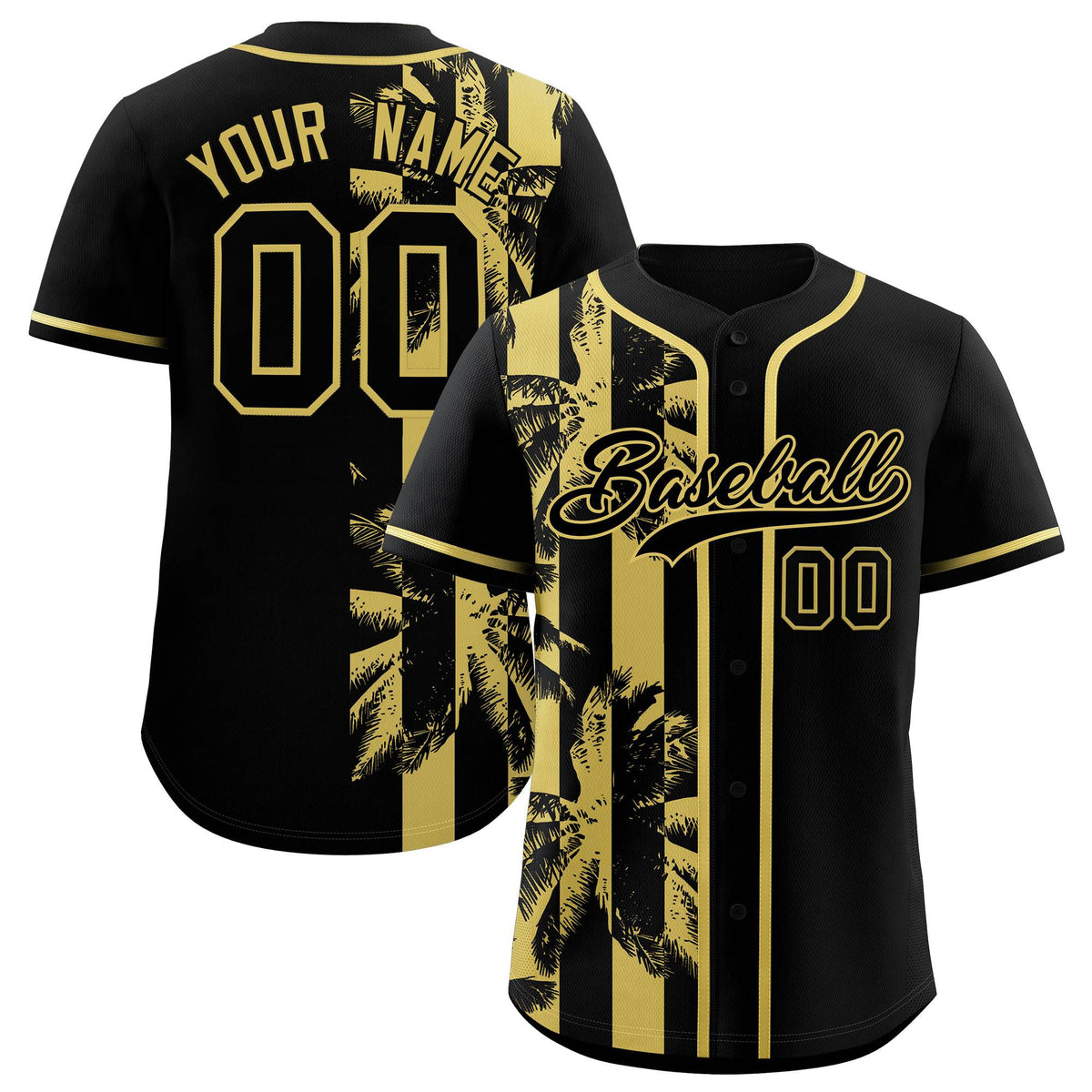 Custom Black Old Gold Split Fashion Coconut Tree Design Authentic Baseball Jersey| KXKSHOP