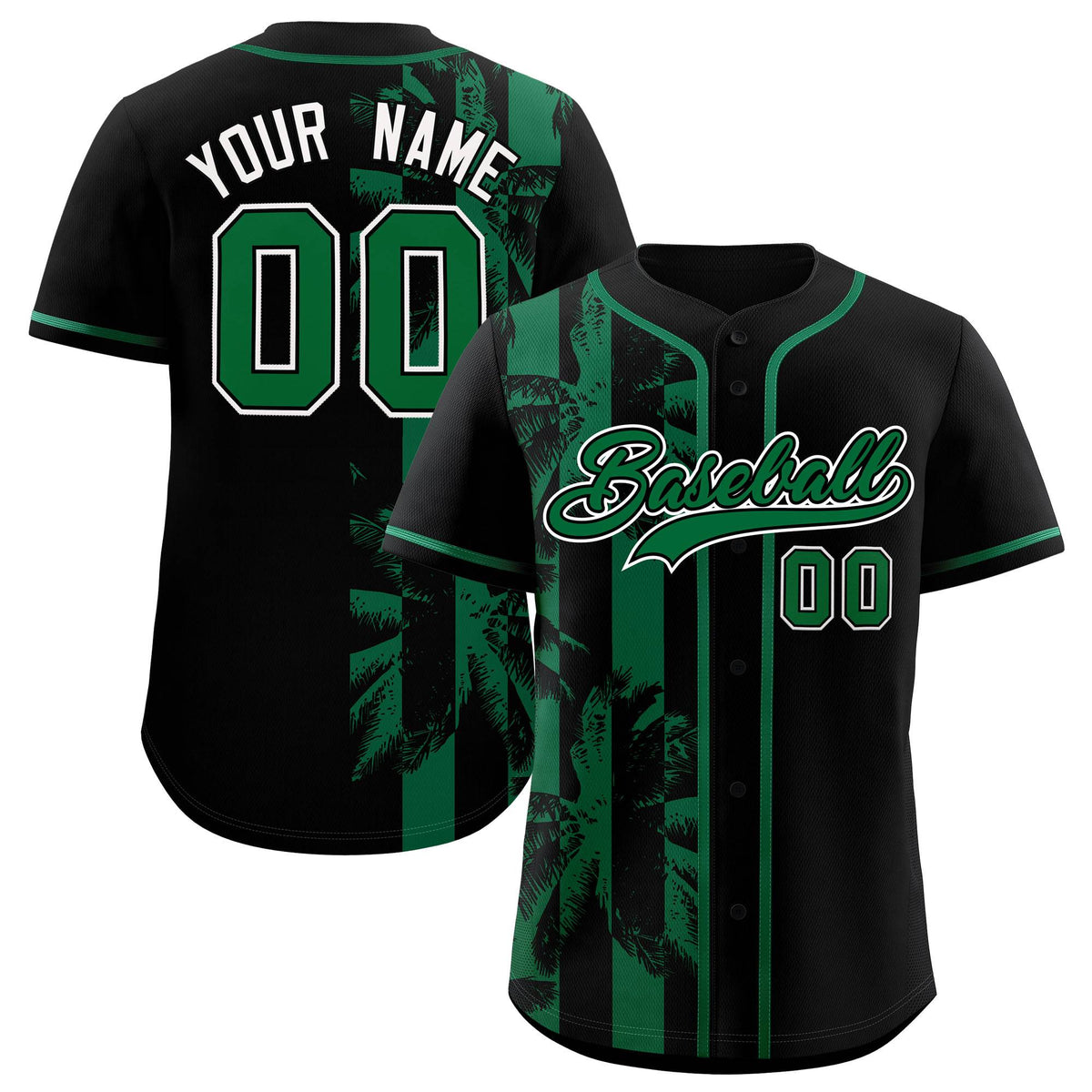 Custom Black Kelly Green Split Fashion Coconut Tree Design Authentic Baseball Jersey| KXKSHOP