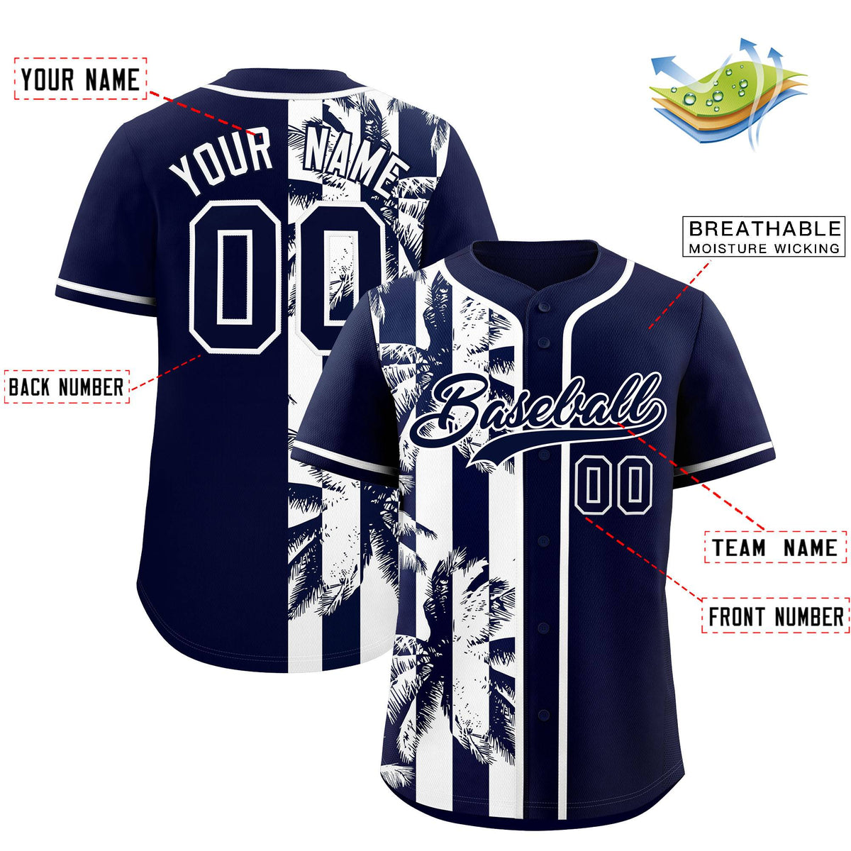 Custom Navy White Split Fashion Coconut Tree Design Authentic Baseball Jersey| KXKSHOP